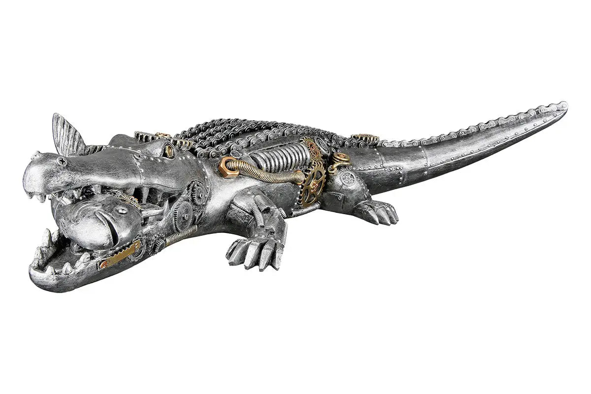 Steampunk: Figur „Crocodile“ • Kunstharz • Silber • 14,5×35,5×60 cm • Gilde - Steampunk