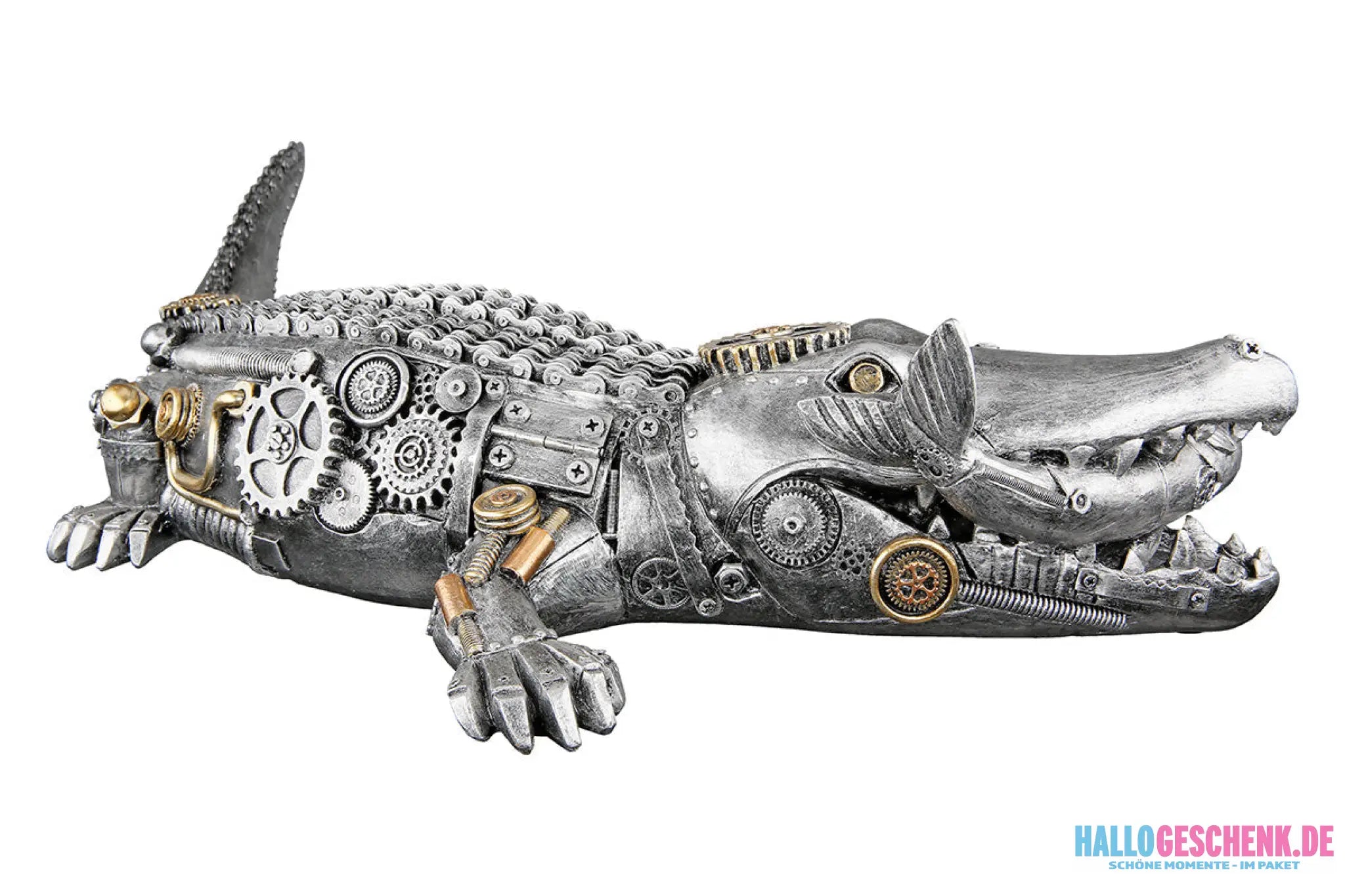 Steampunk: Figur „Crocodile“ • Kunstharz • Silber • 14,5×35,5×60 cm • Gilde - Steampunk