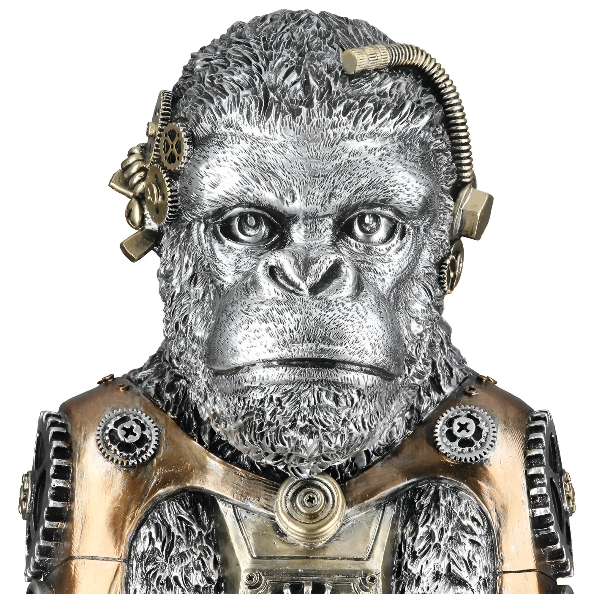 Steampunk figur gorilla aus kunstharz mit silberfarbenen und gold-bronzefarbenen akzenten und metallischen mechanikdetails