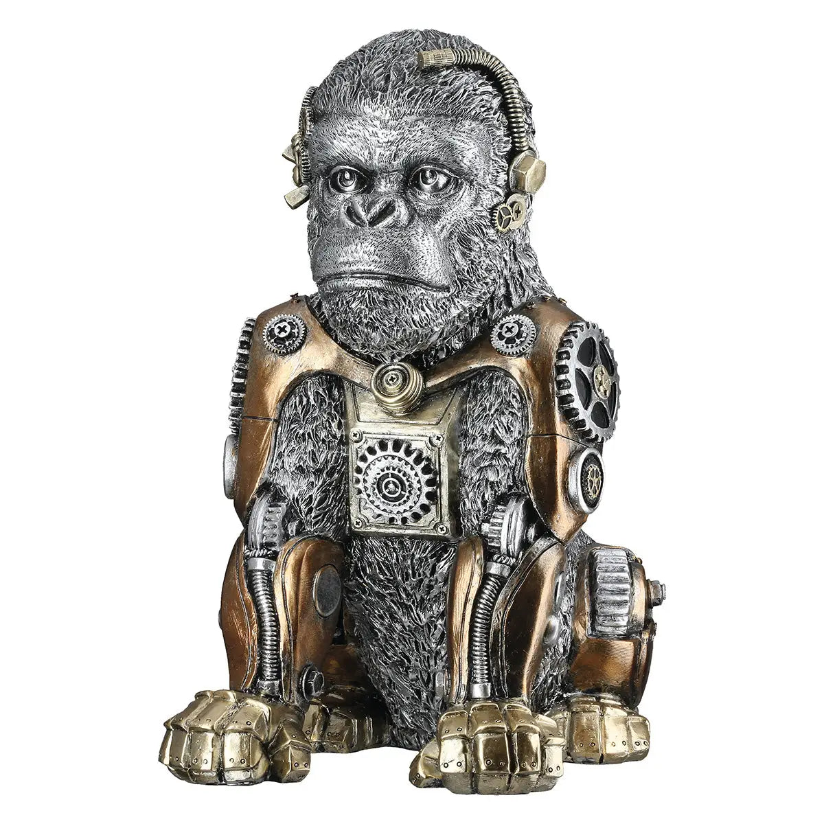Steampunk: Figur „Gorilla“ • Kunstharz • silberfarben mit gold-bronzefarbenen Akzenten • 31×17,5×23,5 cm • Gilde