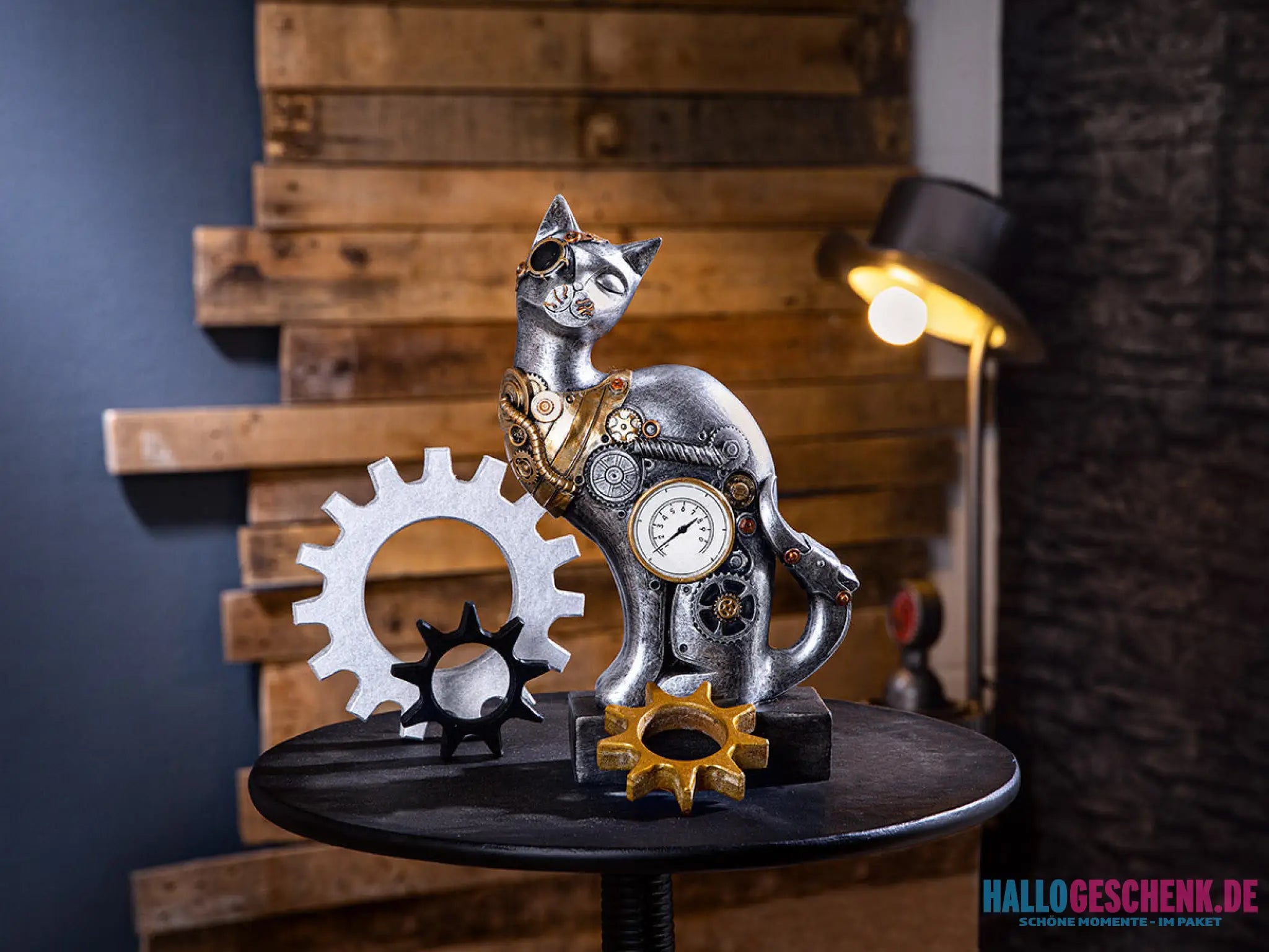 Steampunk: Figur Katze „Cat“ • Kunstharz • silberfarben • 30x20x7 cm • Gilde - Steampunk