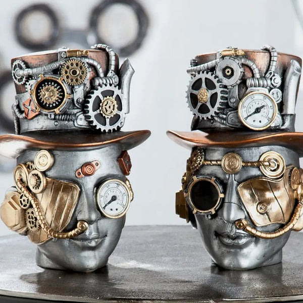 Steampunk-inspirierte Metallgesichts-Skulpturen mit kunstvollen Zahnrädern, Reglern und Kupferakzenten.