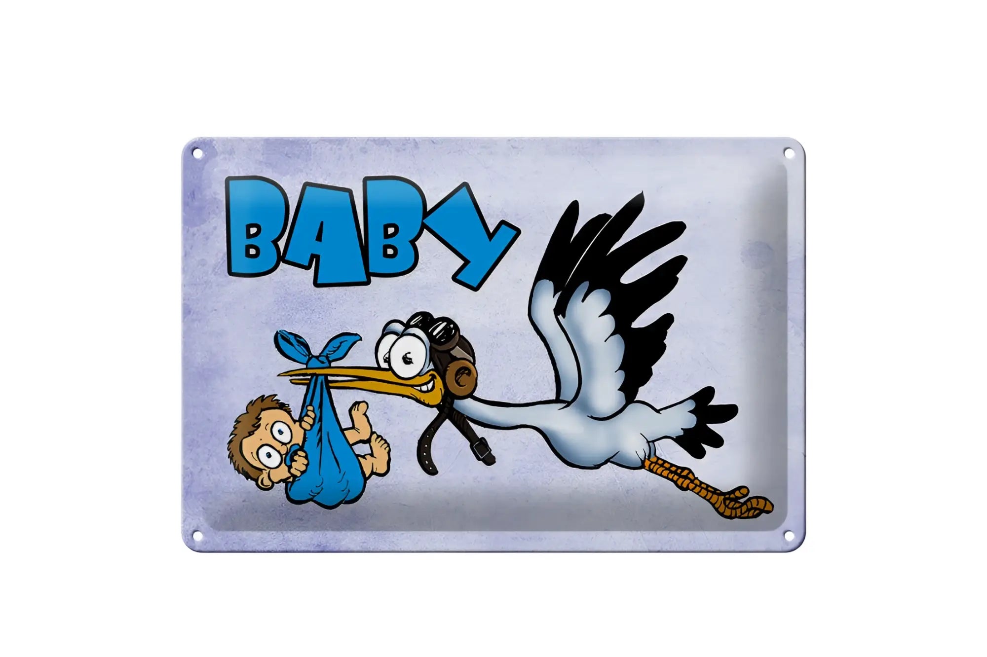 Rechteckiges blechschild 20x30cm mit cartoon-storch blau und baby-motiv für babyzimmer dekor