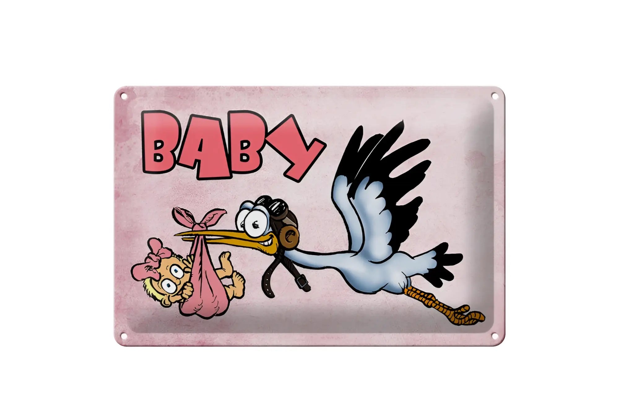 Rosa vintage blechschild 20x30cm mit cartoon-storch und baby schriftzug baby