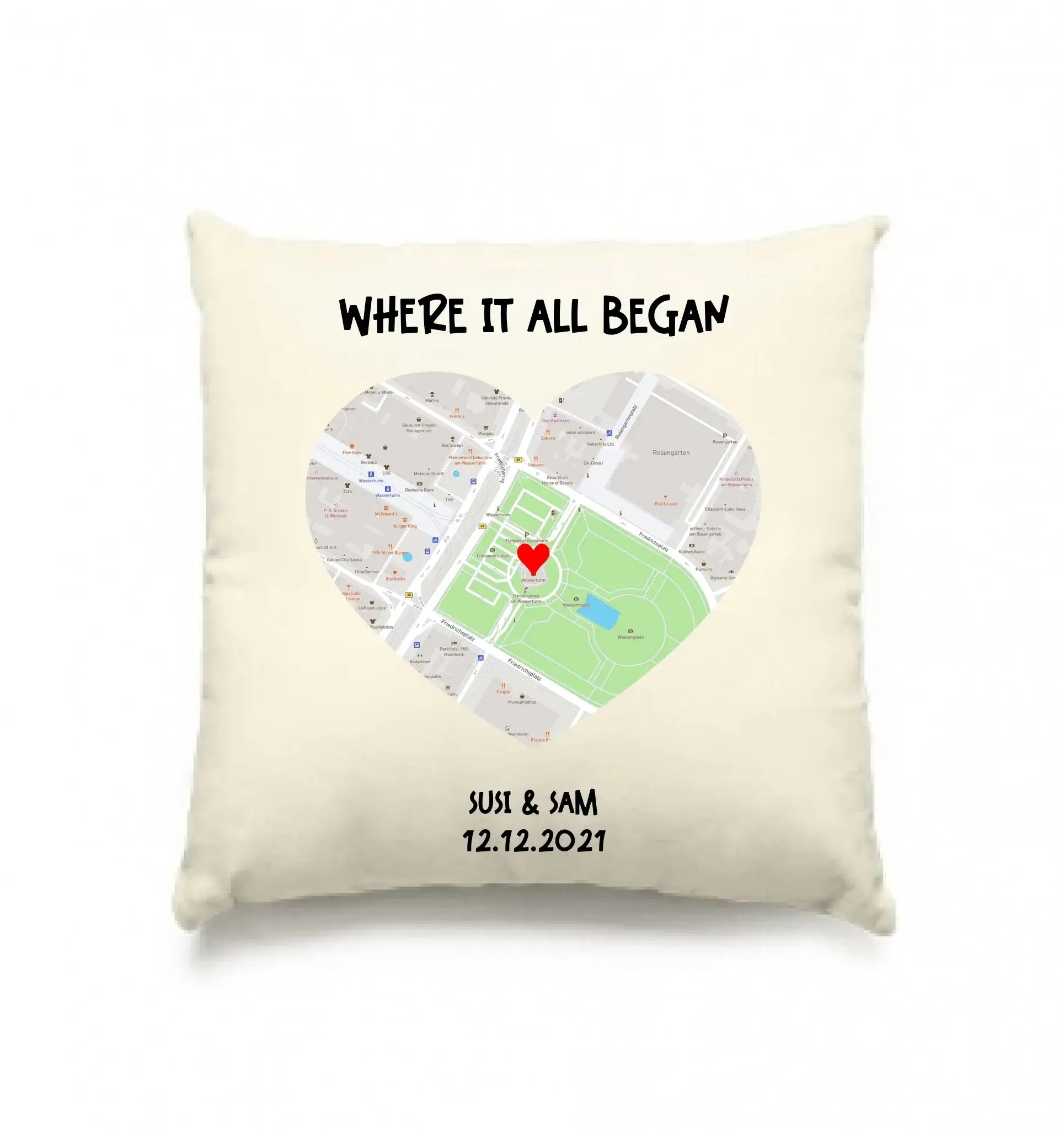 Straßenkarte Herz • mehrere Artikel • ’Statement-Collection’ • Wunschtext • Mein Motiv - Kissen / Natur / 40cm-x-40cm