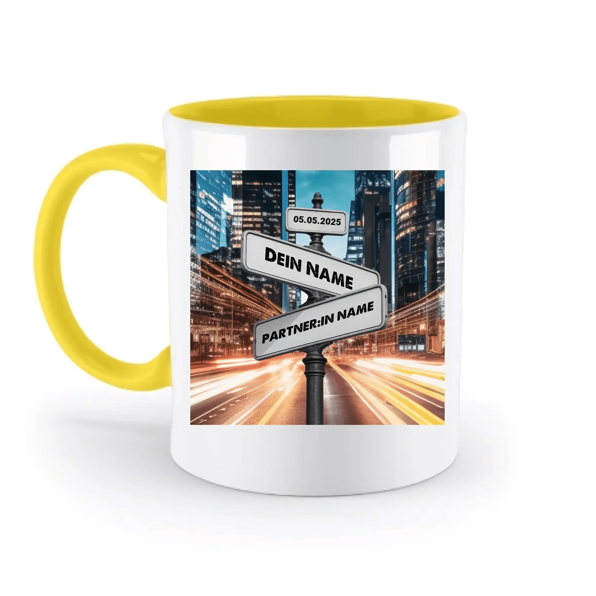 Straßenschild Datum + Wunschtext diverse Hintergründe personalisiert • zweifarbige Tasse spülmaschinenfest