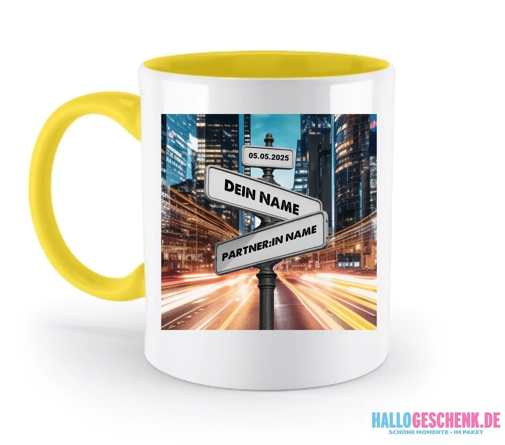 Straßenschild Datum + Wunschtext diverse Hintergründe personalisiert • zweifarbige Tasse spülmaschinenfest