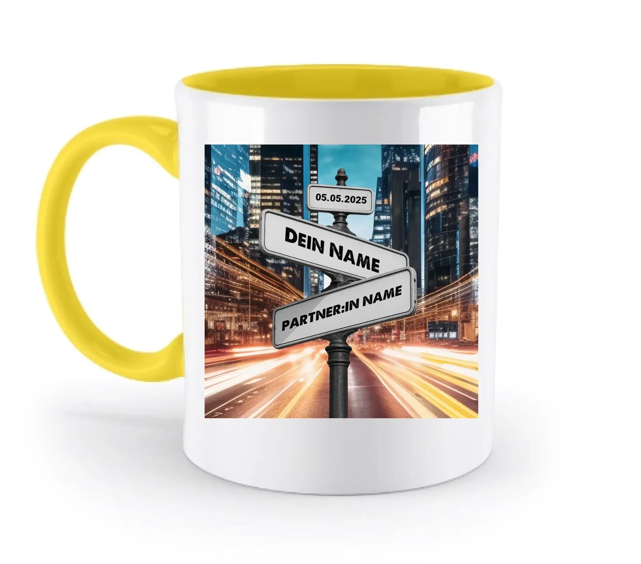 Straßenschild Datum + Wunschtext diverse Hintergründe personalisiert • zweifarbige Tasse spülmaschinenfest