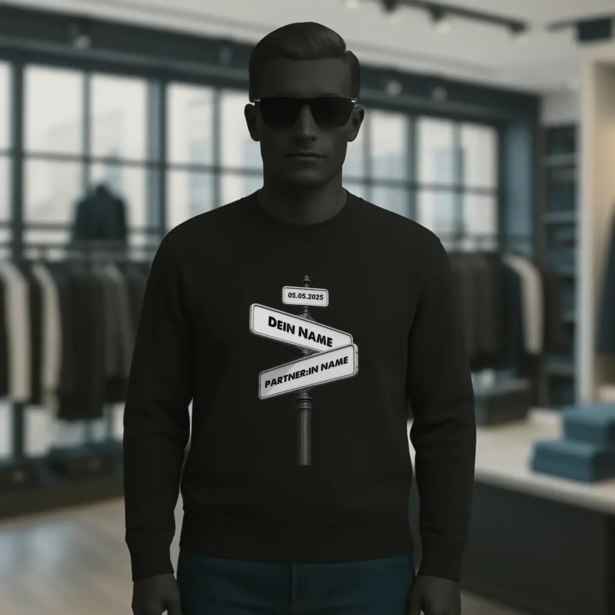 Straßenschild Datum + Wunschtext diverse Hintergründe personalisiert • Unisex Sweatshirt für Damen und Herren • Bio