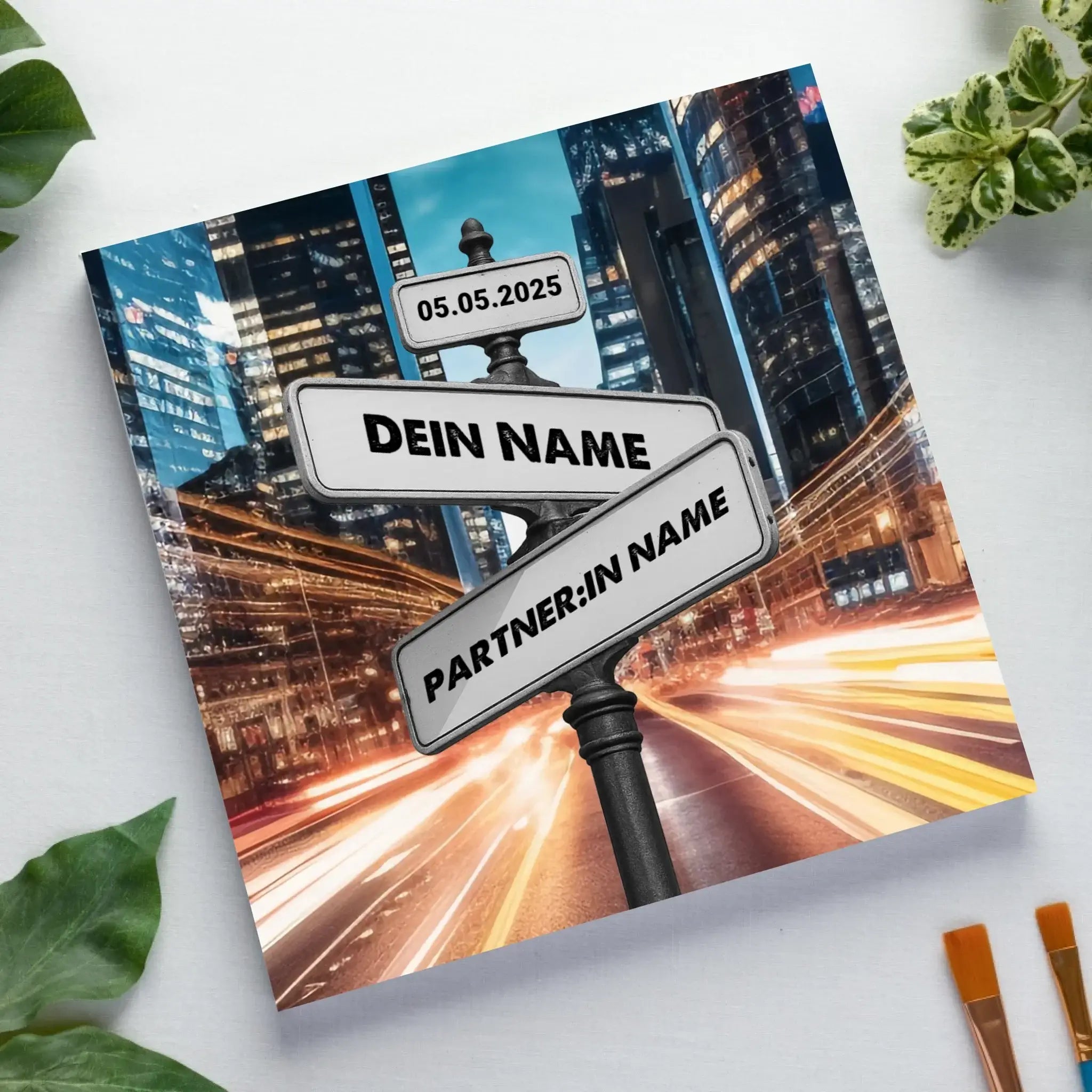 Straßenschild Datum + Wunschtext diverse Hintergründe personalisiert • Leinwand 50x50 cm