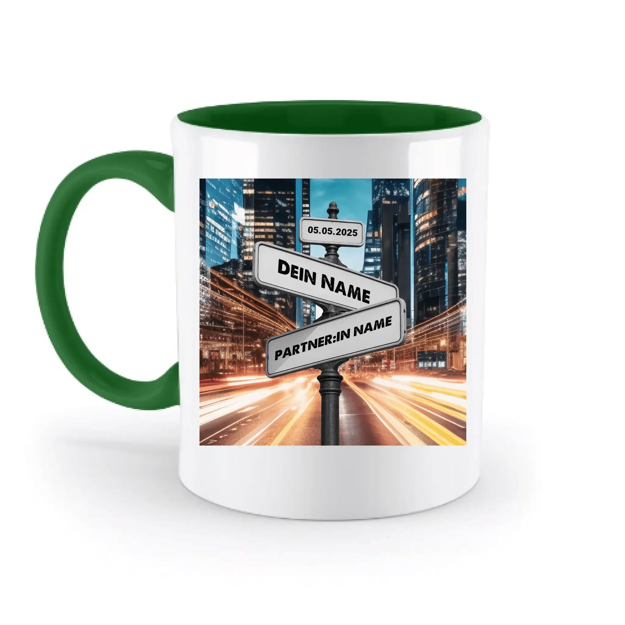 Straßenschild Datum + Wunschtext diverse Hintergründe personalisiert • zweifarbige Tasse spülmaschinenfest