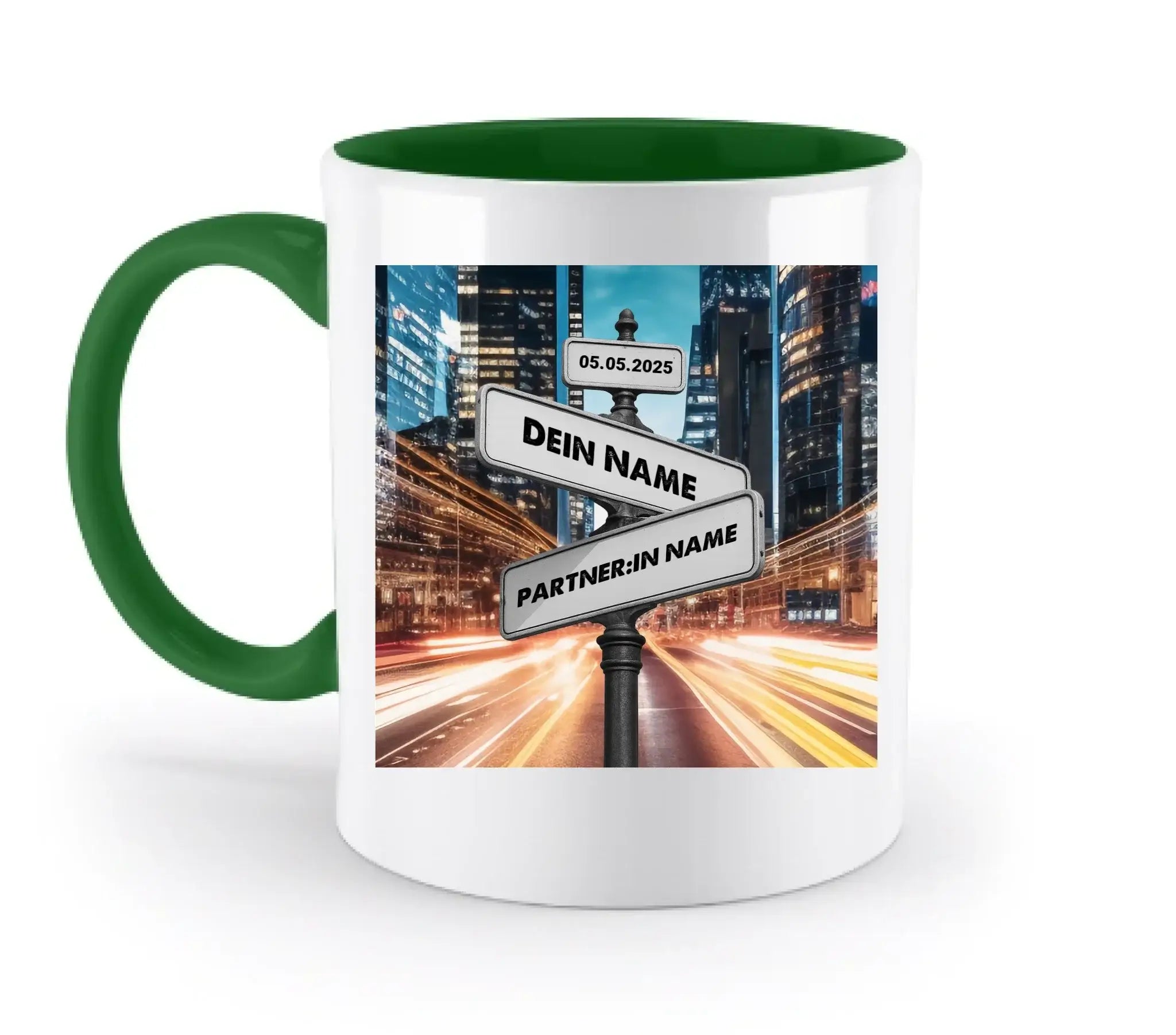 Straßenschild Datum + Wunschtext diverse Hintergründe personalisiert • zweifarbige Tasse spülmaschinenfest