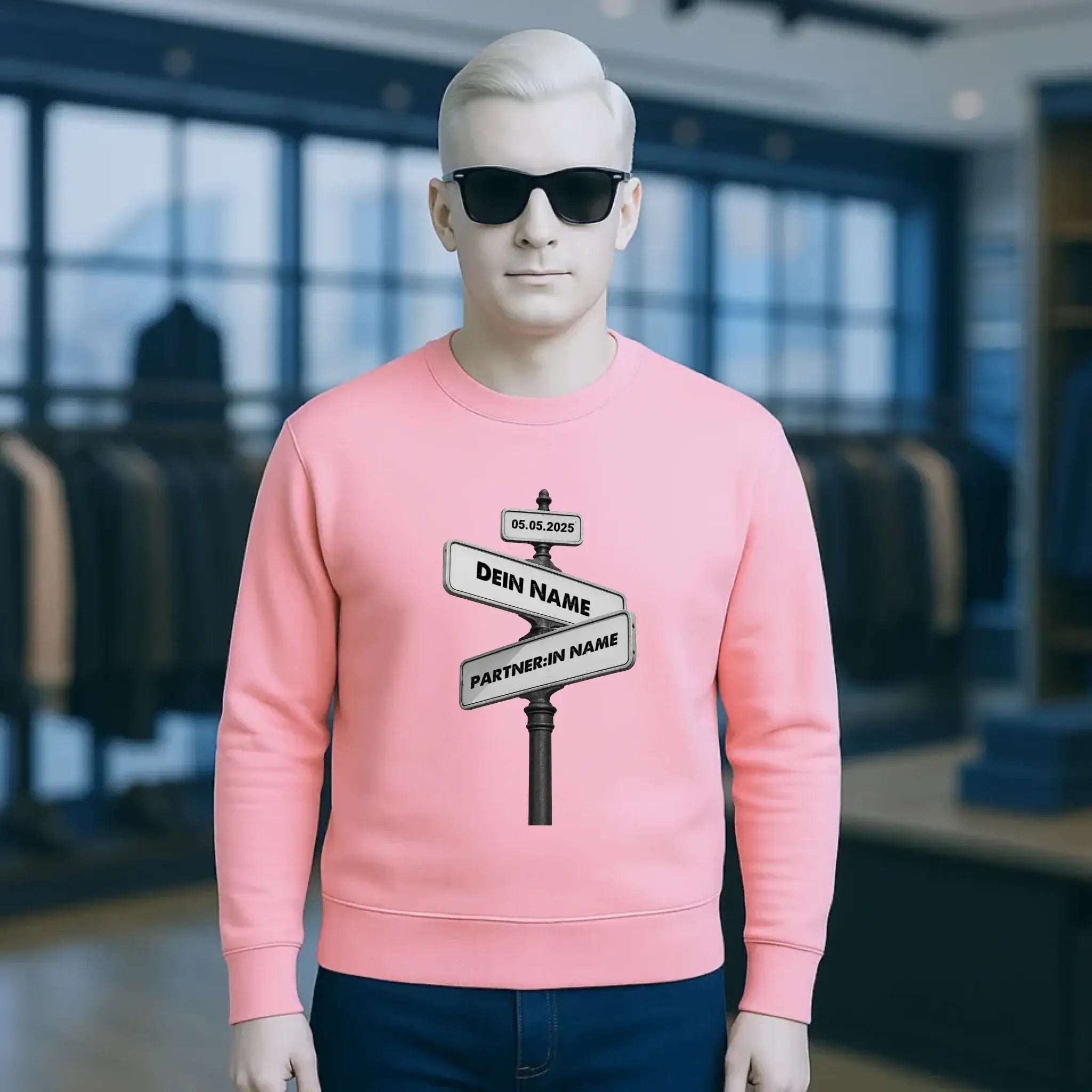 Straßenschild Datum + Wunschtext diverse Hintergründe personalisiert • Unisex Sweatshirt für Damen und Herren • Bio