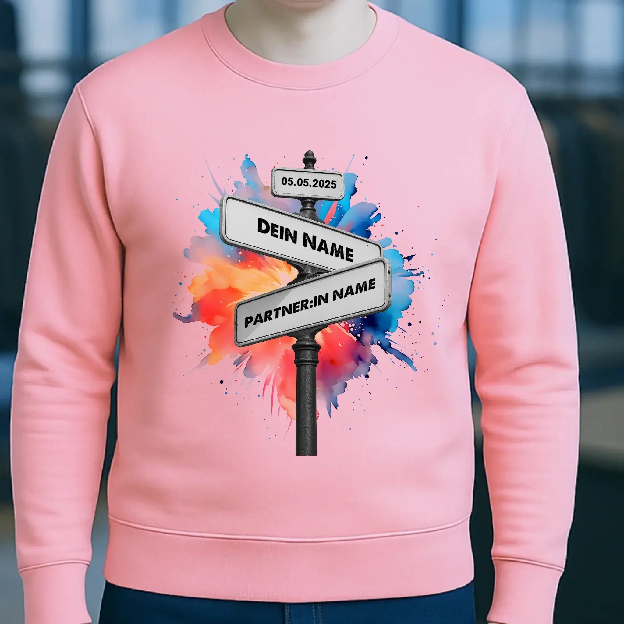 Straßenschild Datum + Wunschtext diverse Hintergründe personalisiert • Unisex Sweatshirt für Damen und Herren • Bio