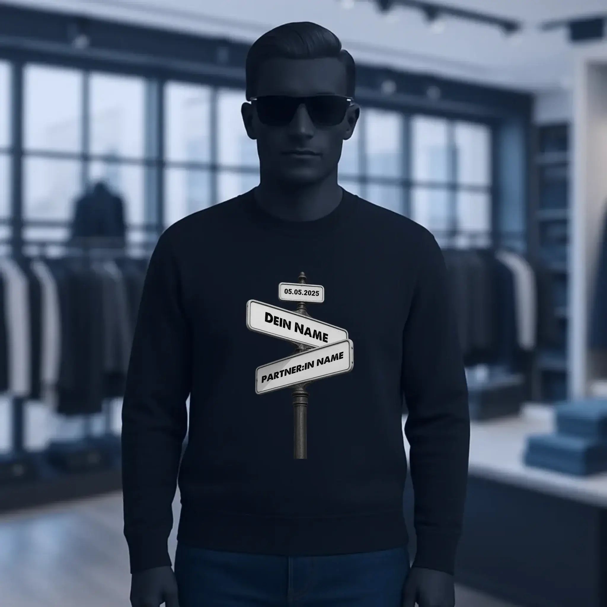 Straßenschild Datum + Wunschtext diverse Hintergründe personalisiert • Unisex Sweatshirt für Damen und Herren • Bio