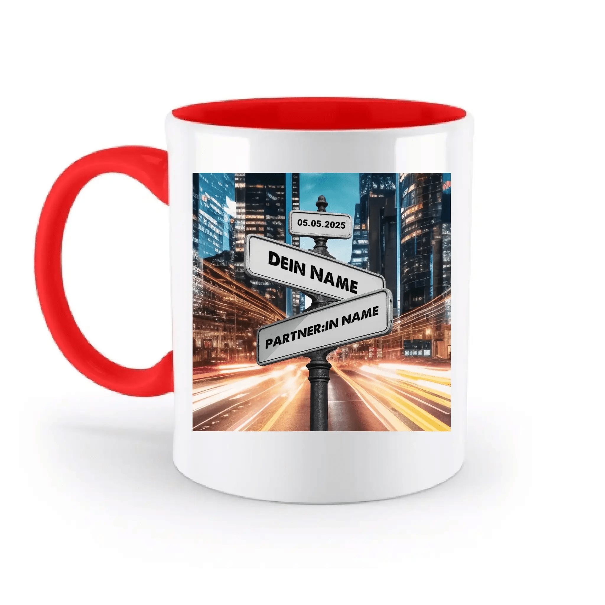 Straßenschild Datum + Wunschtext diverse Hintergründe personalisiert • zweifarbige Tasse spülmaschinenfest