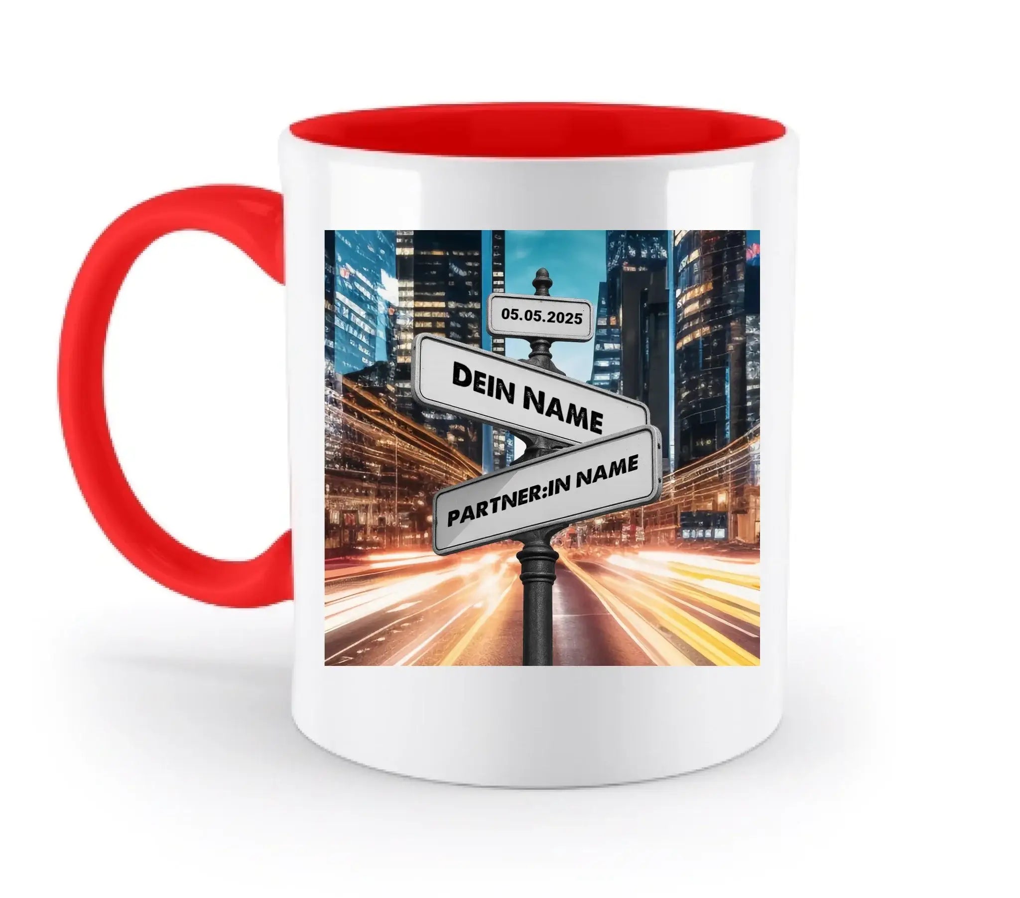 Straßenschild Datum + Wunschtext diverse Hintergründe personalisiert • zweifarbige Tasse spülmaschinenfest