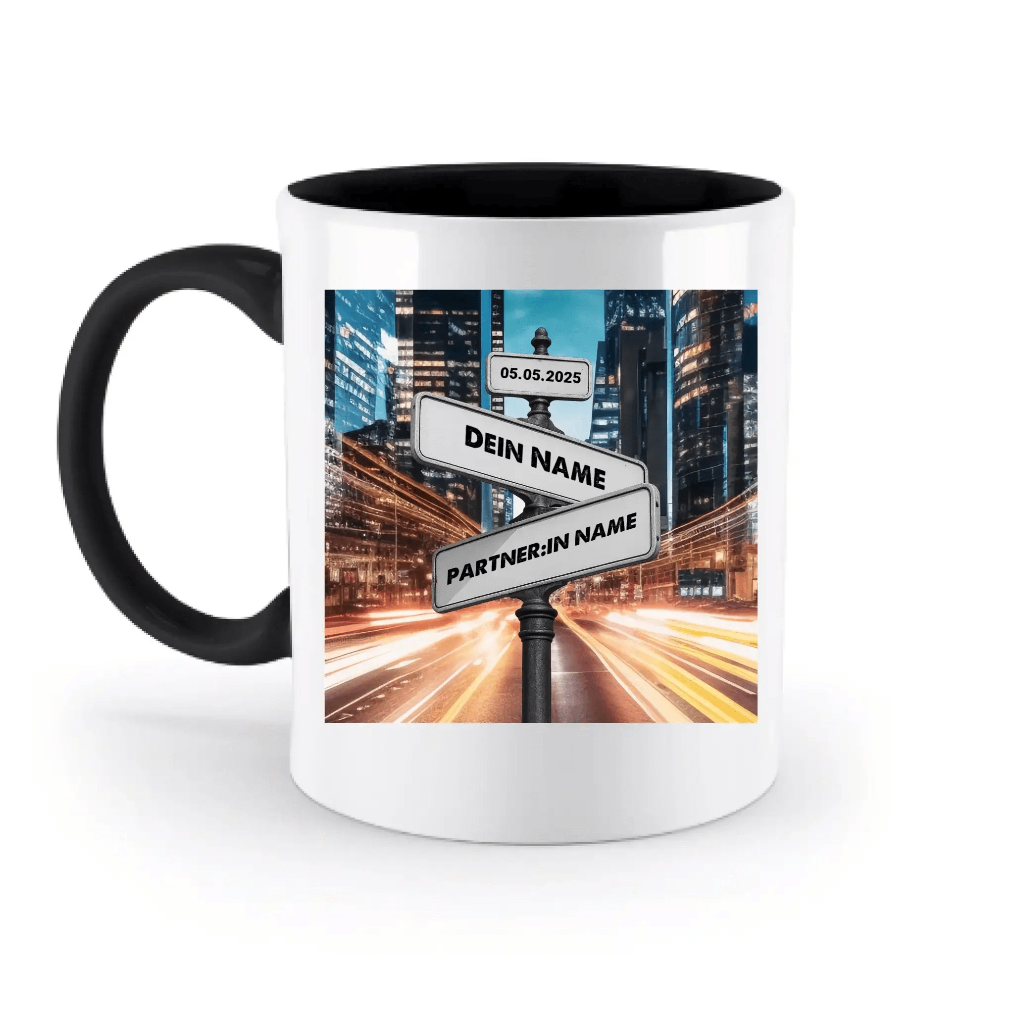 Straßenschild Datum + Wunschtext diverse Hintergründe personalisiert • zweifarbige Tasse spülmaschinenfest