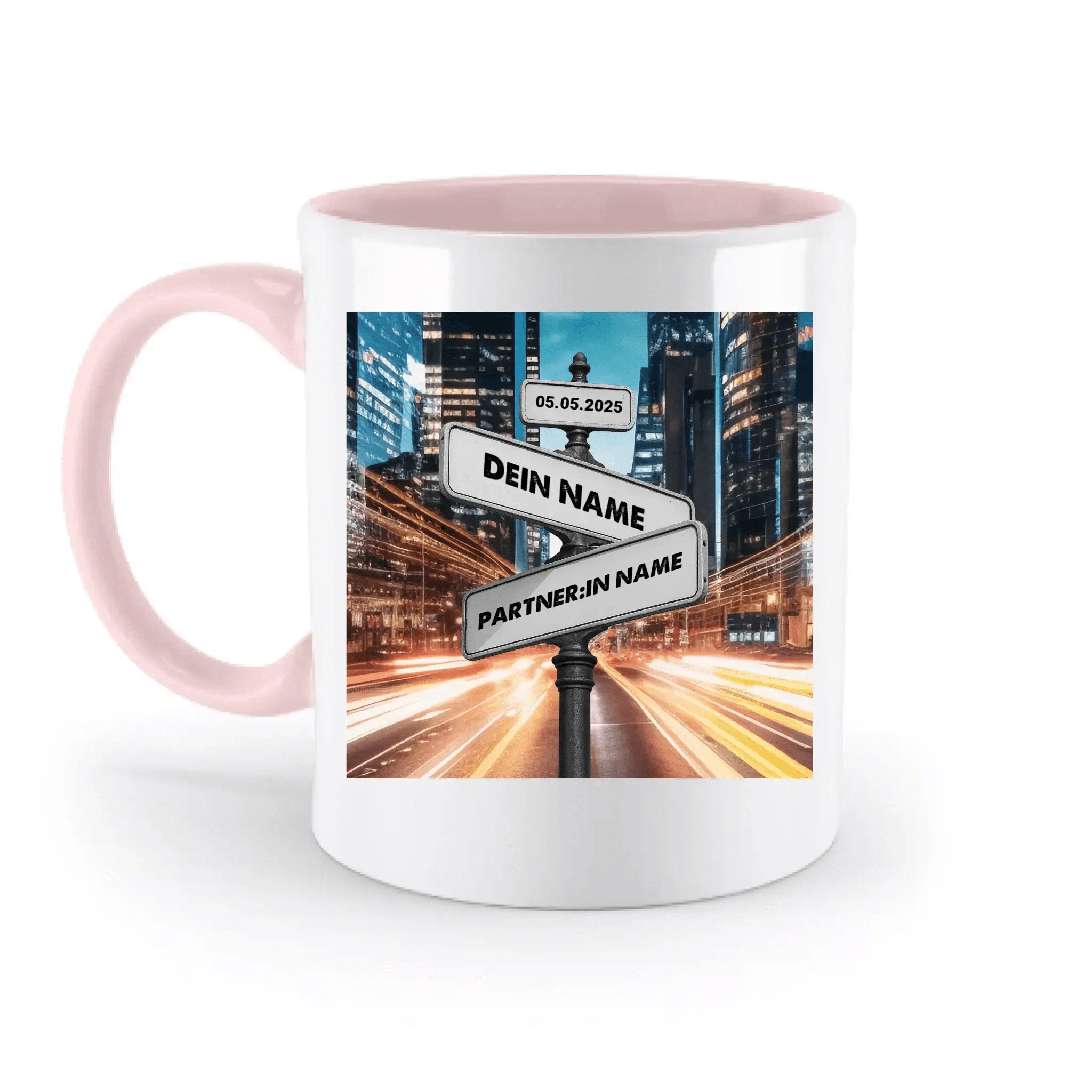 Straßenschild Datum + Wunschtext diverse Hintergründe personalisiert • zweifarbige Tasse spülmaschinenfest