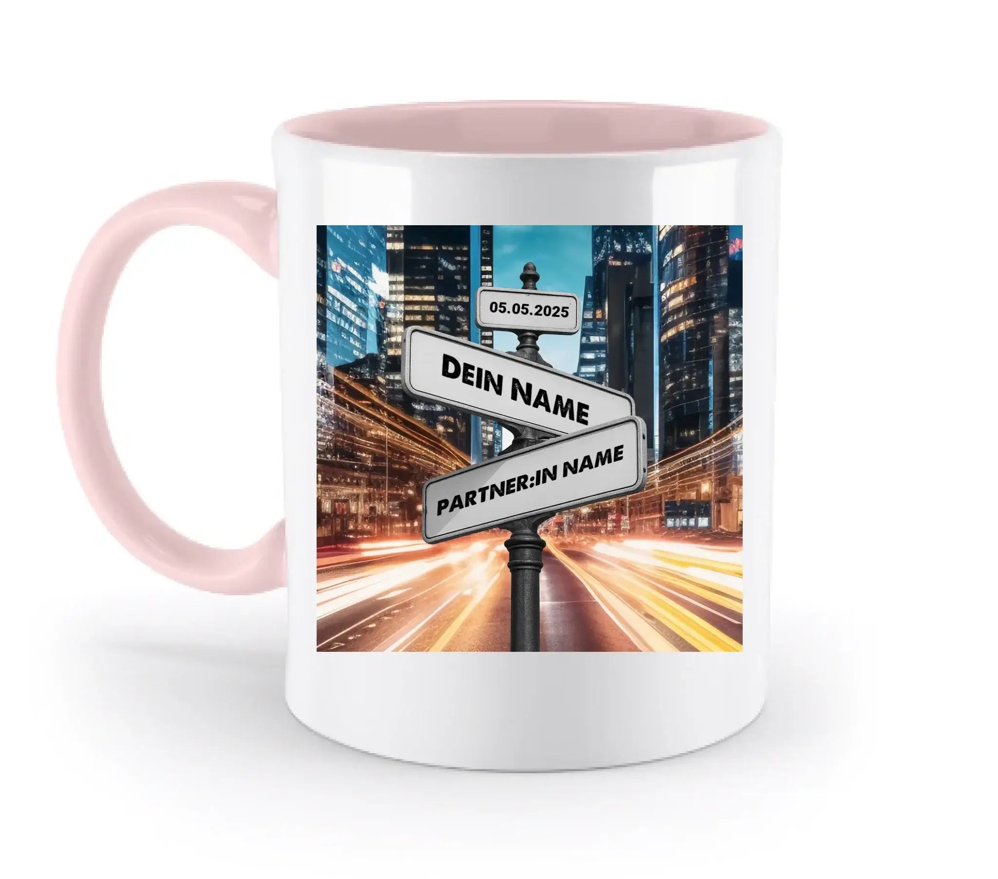 Straßenschild Datum + Wunschtext diverse Hintergründe personalisiert • zweifarbige Tasse spülmaschinenfest