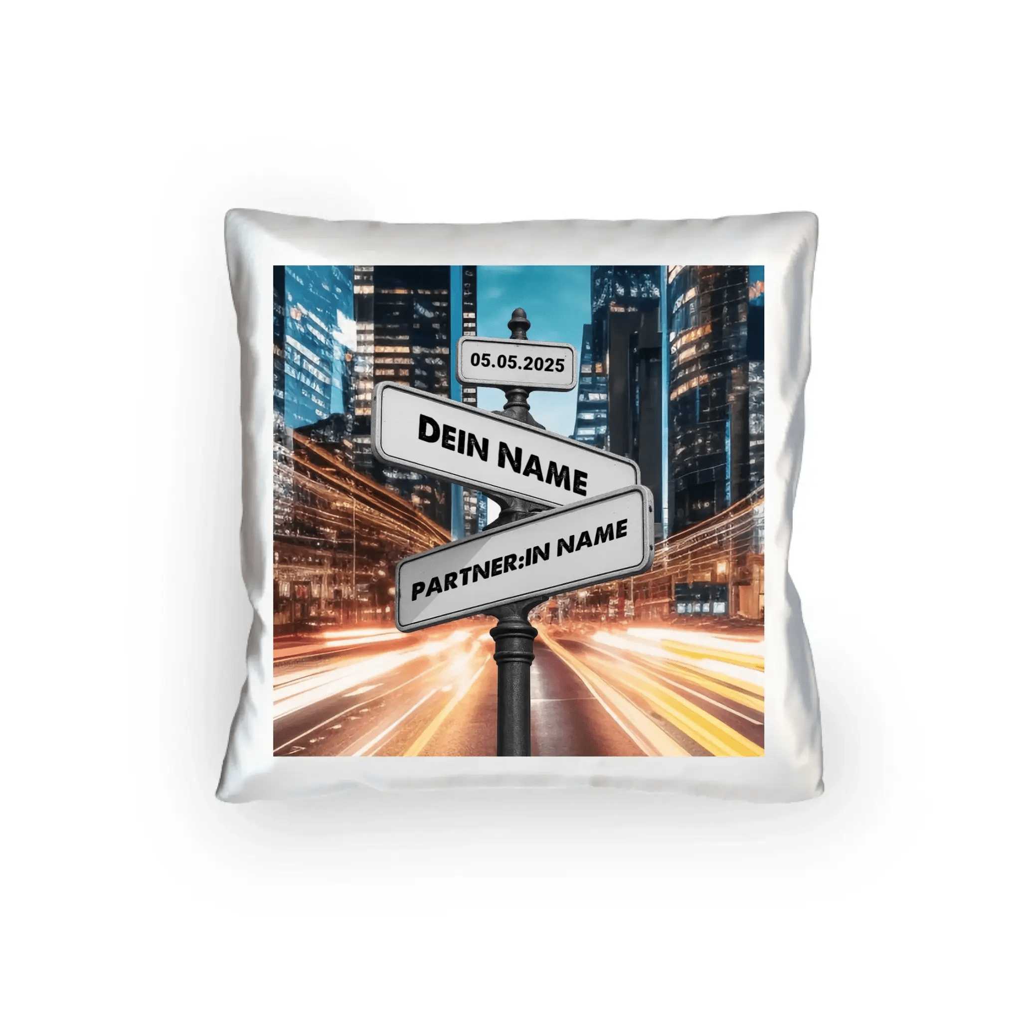Straßenschild Datum + Wunschtext diverse Hintergründe personalisiert • Kissen 40x40 cm