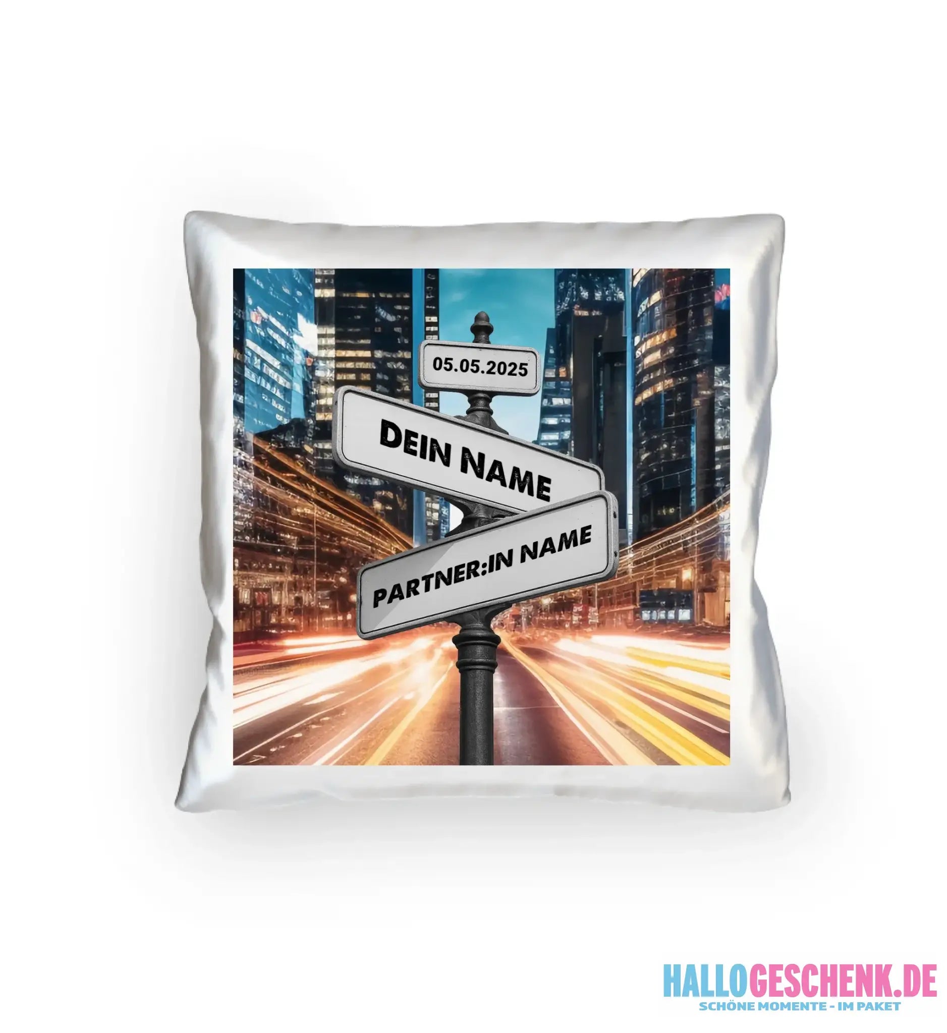 Straßenschild Datum + Wunschtext diverse Hintergründe personalisiert • Kissen 40x40 cm
