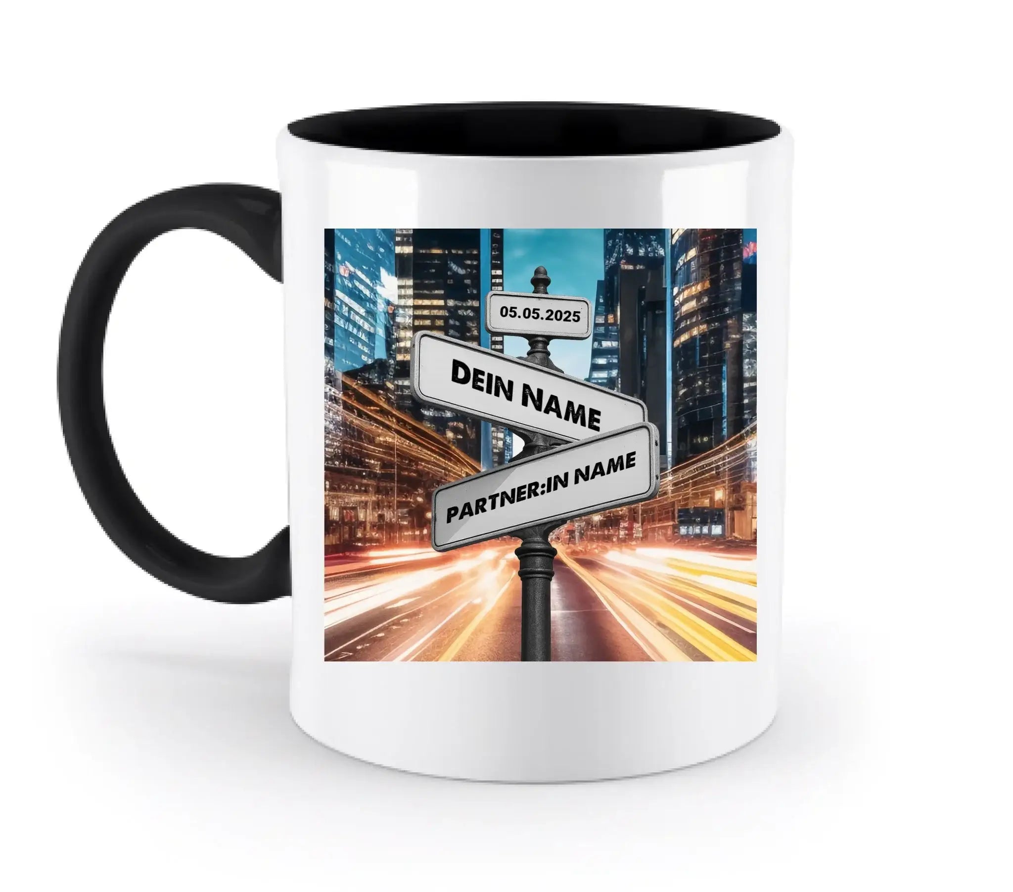 Straßenschild Datum + Wunschtext diverse Hintergründe personalisiert • zweifarbige Tasse spülmaschinenfest