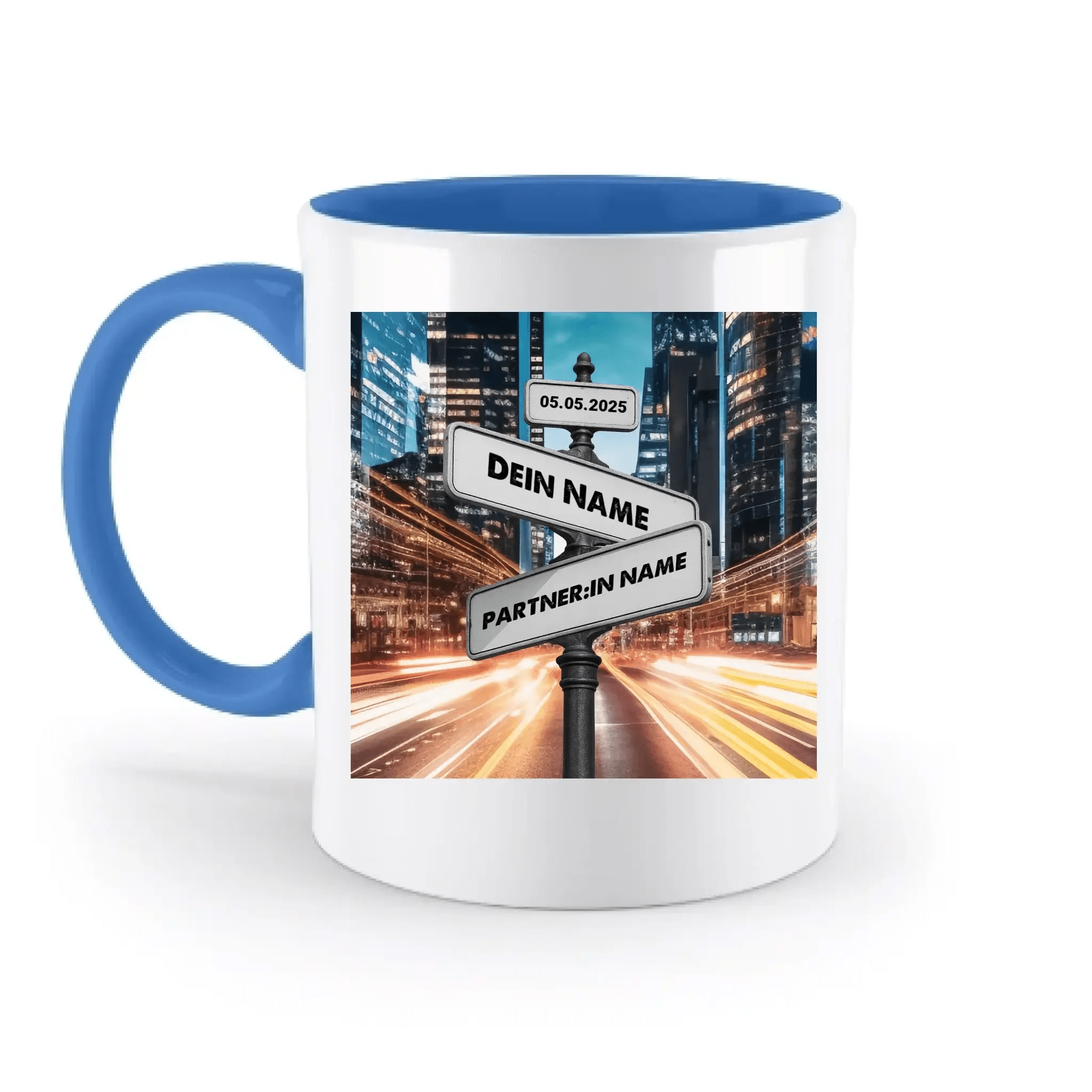 Straßenschild Datum + Wunschtext diverse Hintergründe personalisiert • zweifarbige Tasse spülmaschinenfest