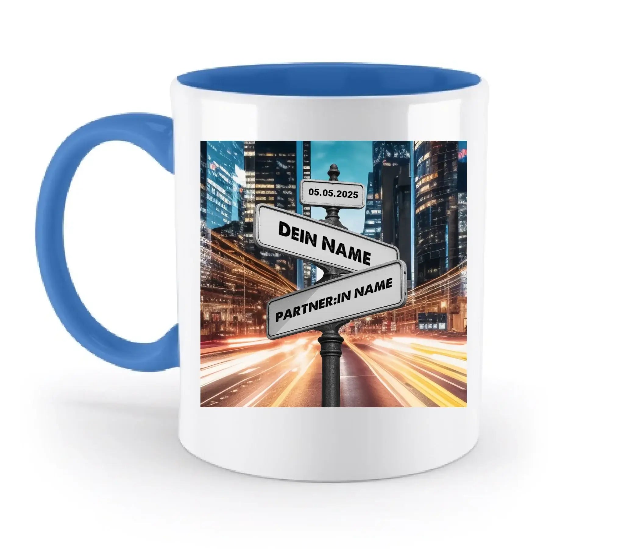 Straßenschild Datum + Wunschtext diverse Hintergründe personalisiert • zweifarbige Tasse spülmaschinenfest