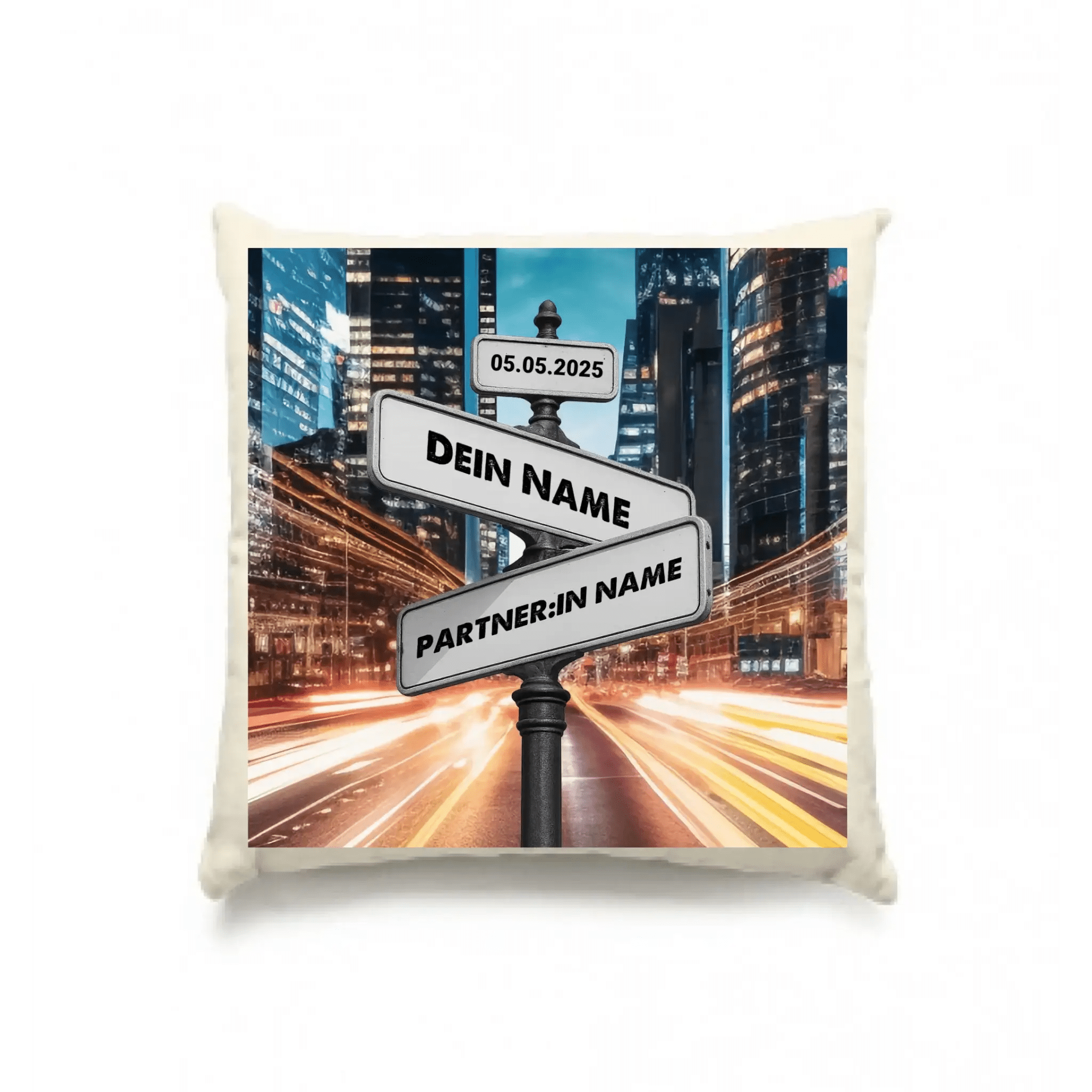 Straßenschild Datum + Wunschtext diverse Hintergründe personalisiert • Kissen 40x40 cm