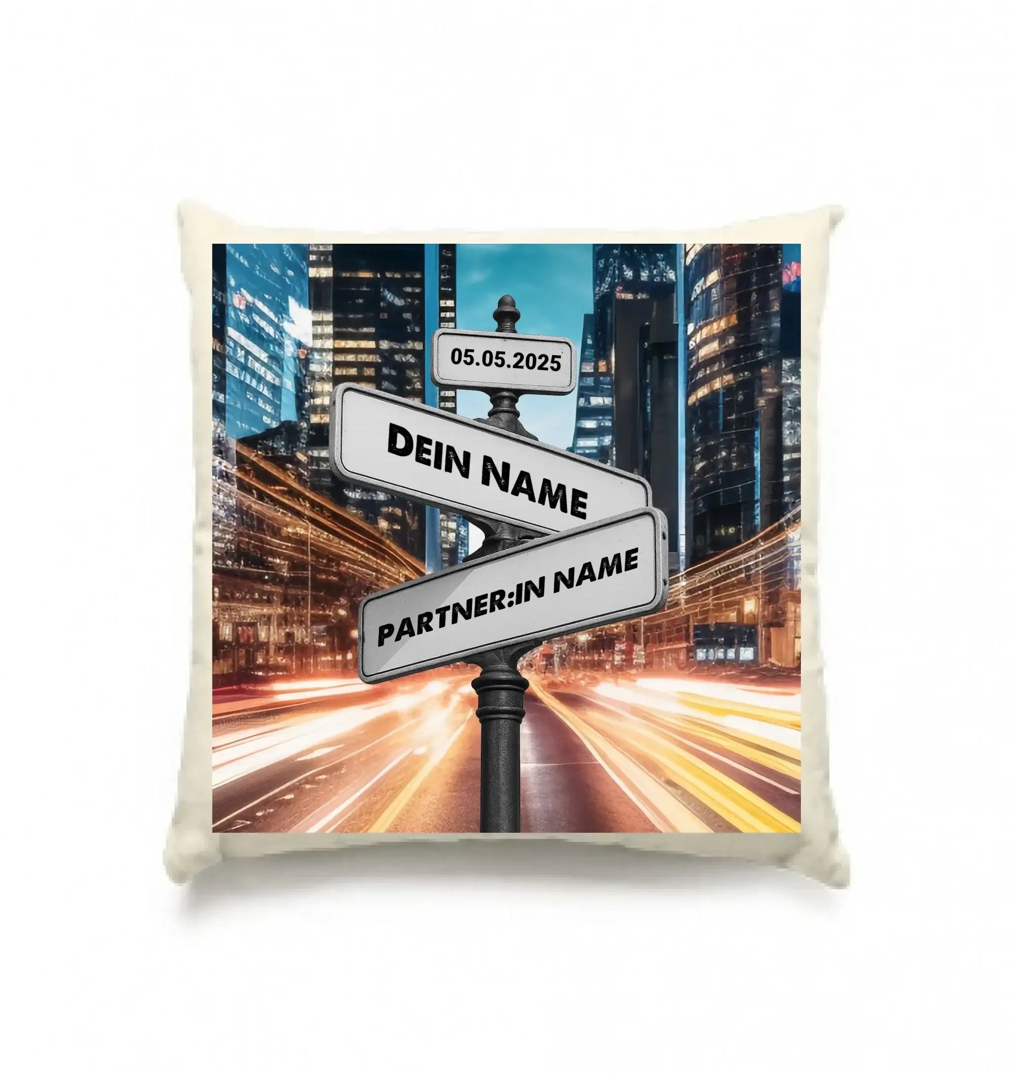 Straßenschild Datum + Wunschtext diverse Hintergründe personalisiert • Kissen 40x40 cm