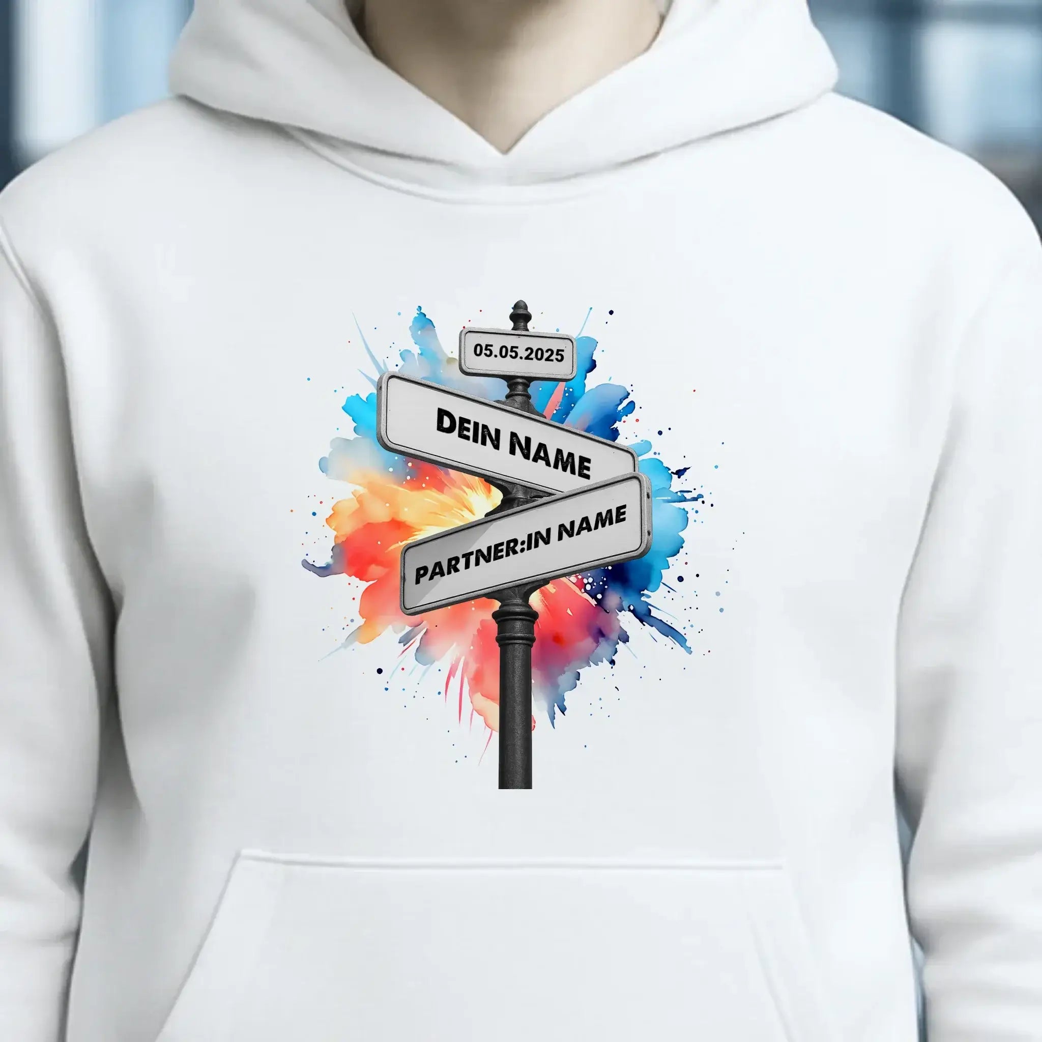 Straßenschild Datum + Wunschtext diverse Hintergründe personalisiert • Unisex Hoodie für Damen & Herren • Bio