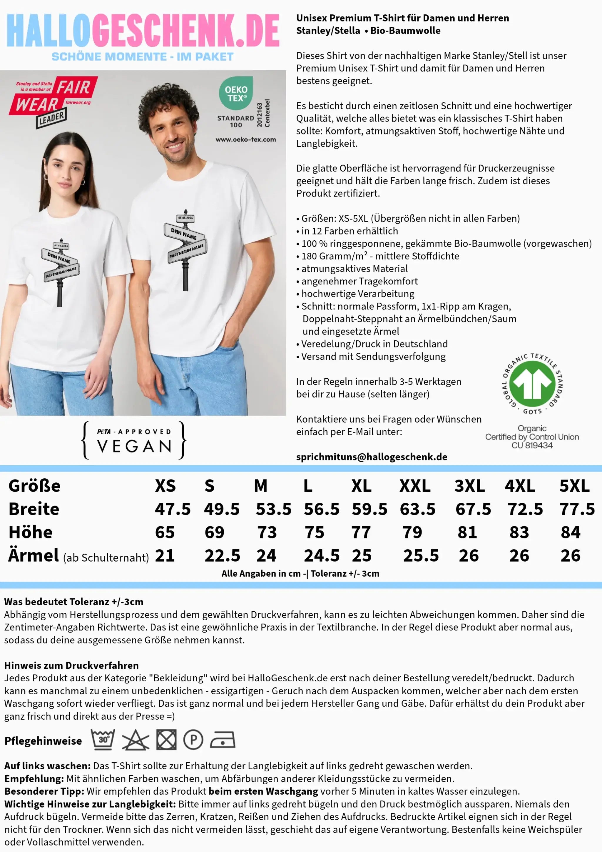 Straßenschild Datum + Wunschtext (personalisiert) • Unisex T-Shirt für Herren & Damen • Bio - personalisierte T-Shirts