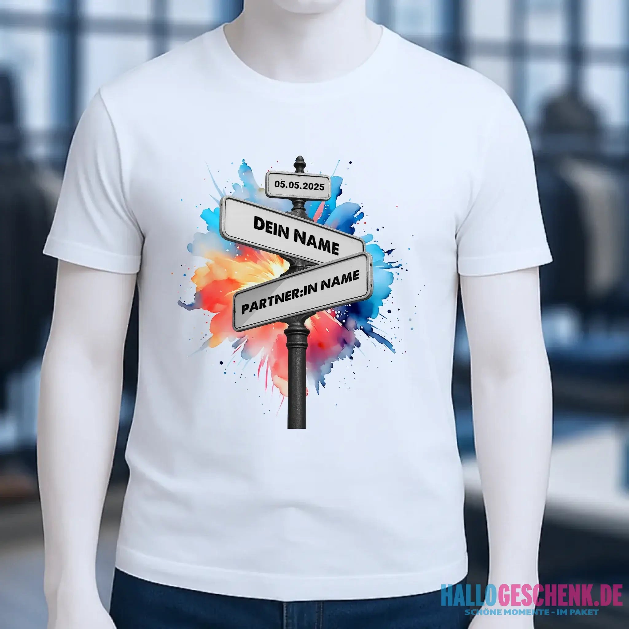 Straßenschild Datum + Wunschtext (personalisiert) • Unisex T-Shirt für Herren & Damen • Bio - personalisierte T-Shirts