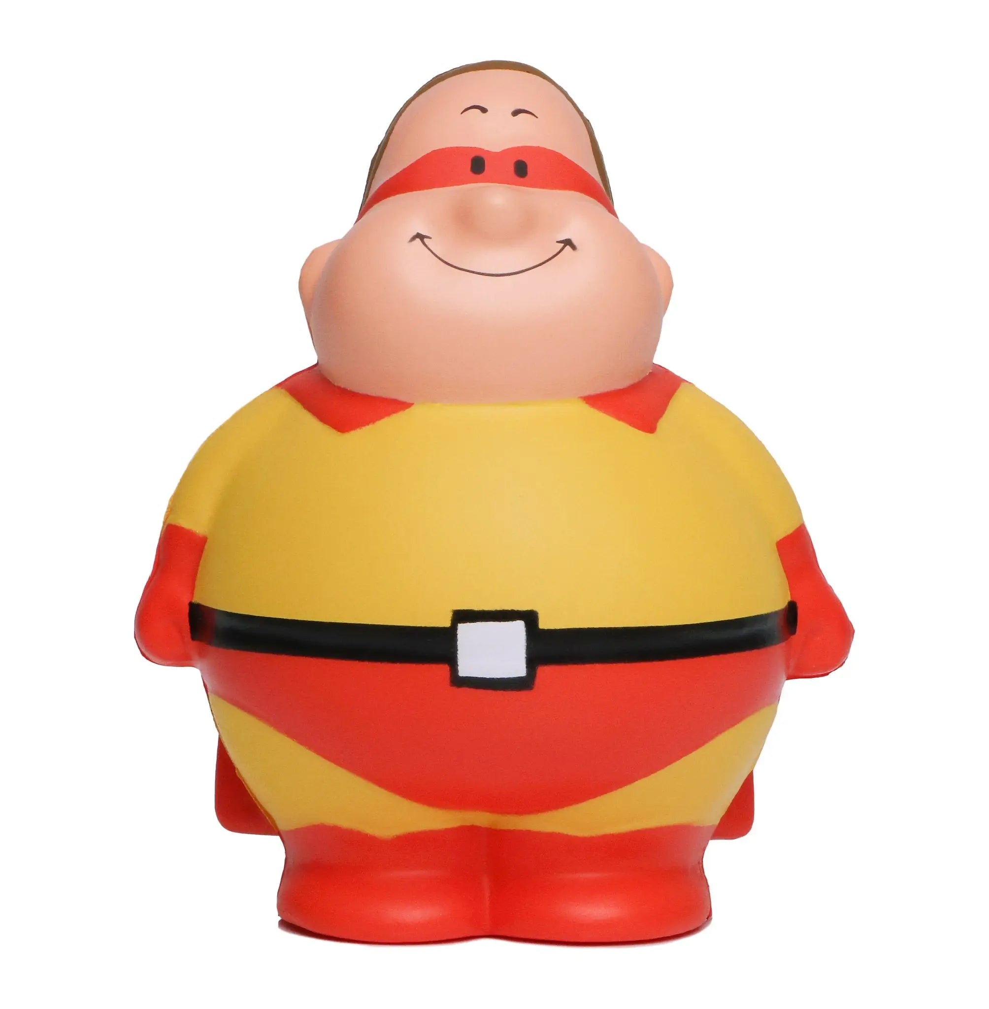 fröhliche, pummelige Super Bert Anti-Stress-Quetsch-Figur in gelb-rotem Anzug mit schwarzem Gürtel und roter Maske