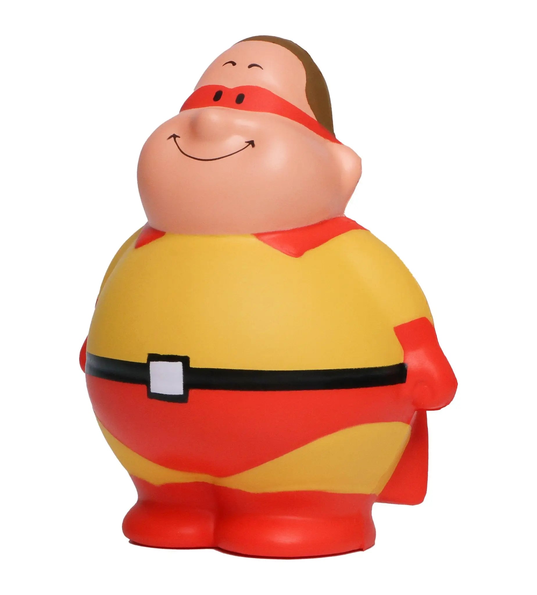 Ein fröhlicher, pummeliger superhelden-anti-stress-quetsch-figur mit roter maske und umhang gelber brust und roten hosen