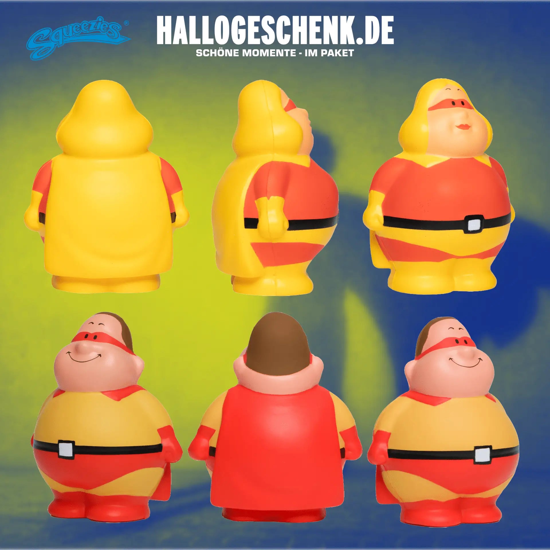 Gelbe und rote superhero-themed stressball quetschfiguren mit schwarzen gürteln im super bert und super berta geschenkset bundle