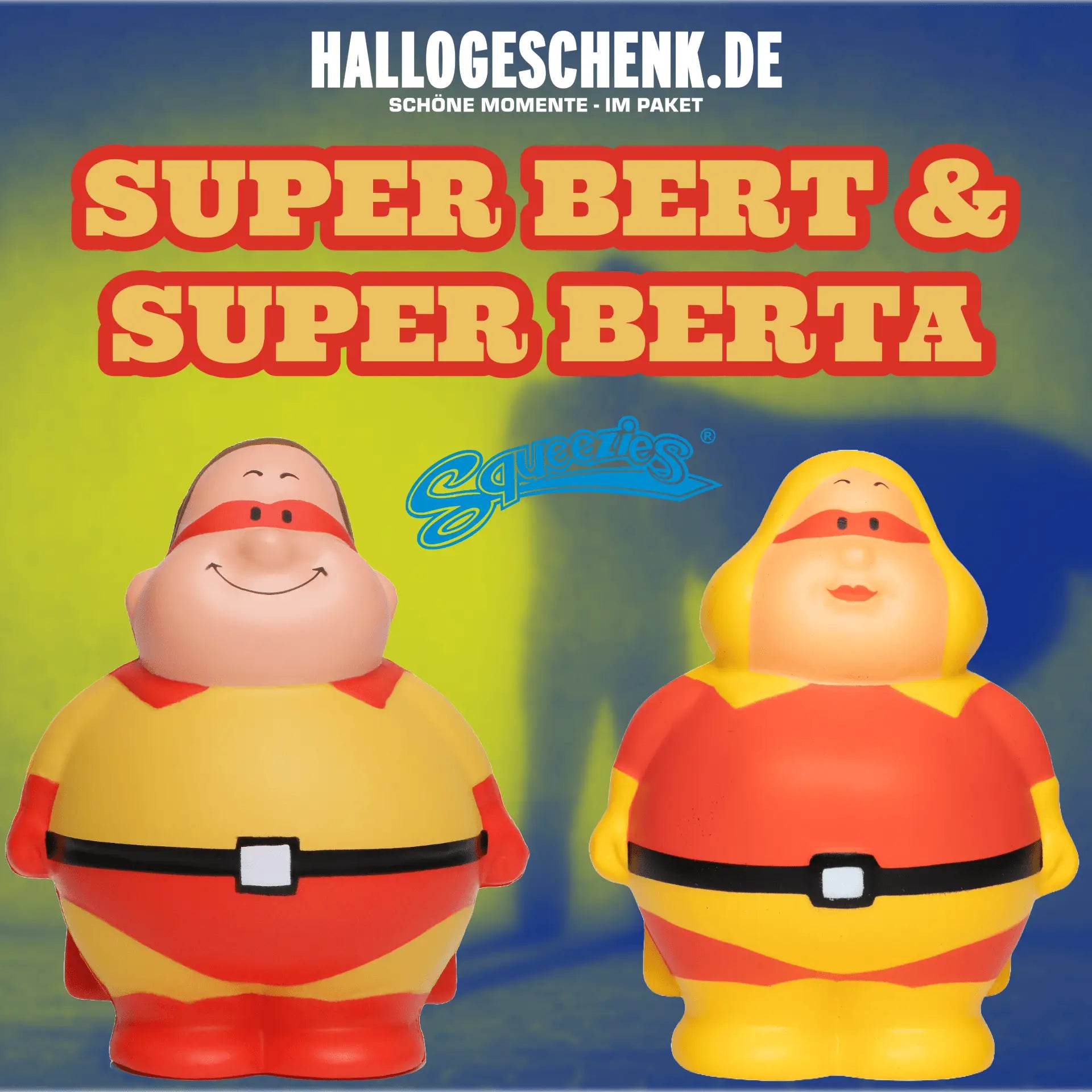 Zwei bunte, weiche quetschfiguren super bert und super berta als anti-stress-geschenkset in gelb und rot
