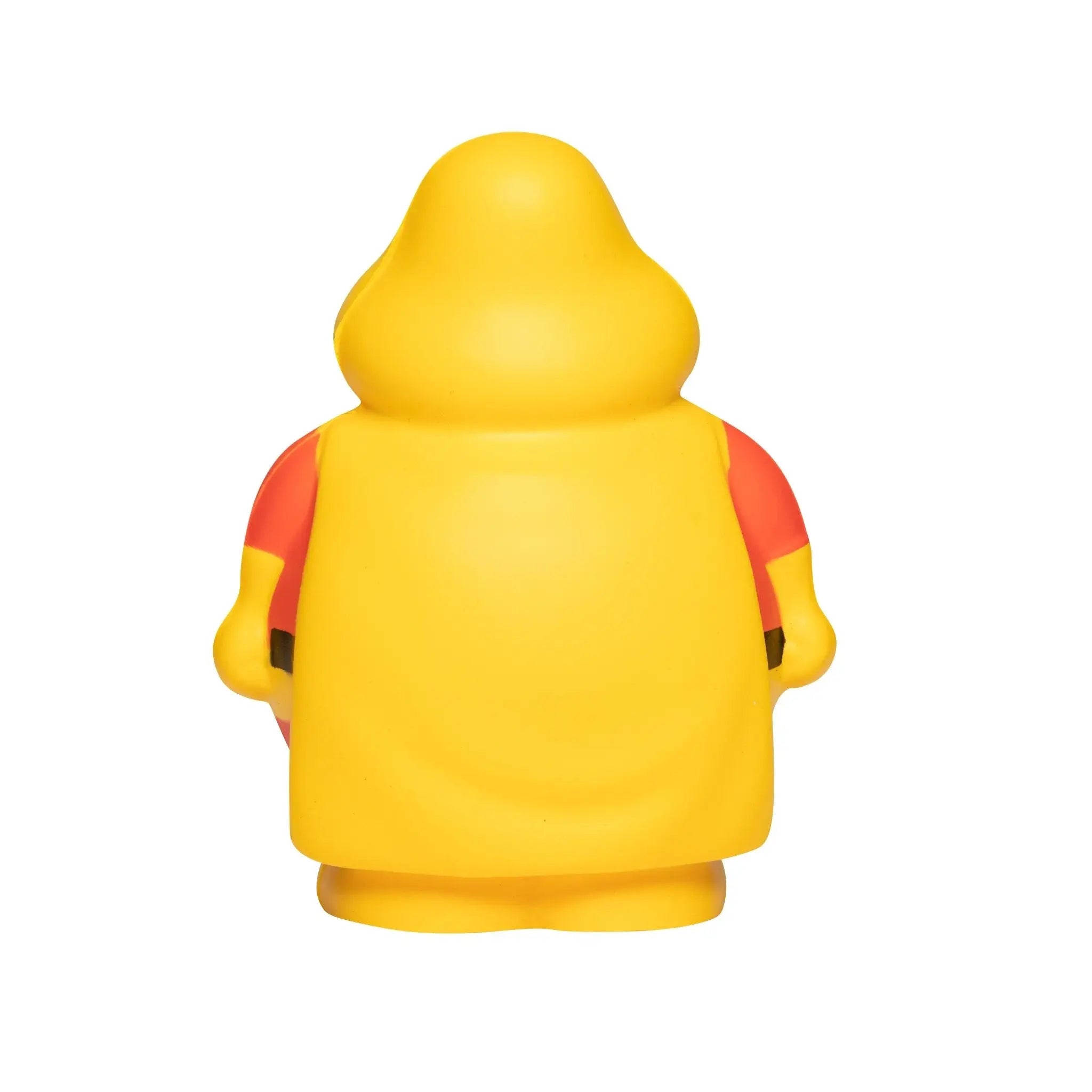 Gelbe super berta anti stress figur aus gummi mit roten ärmeln und schwarzen armbändern zum quetschen
