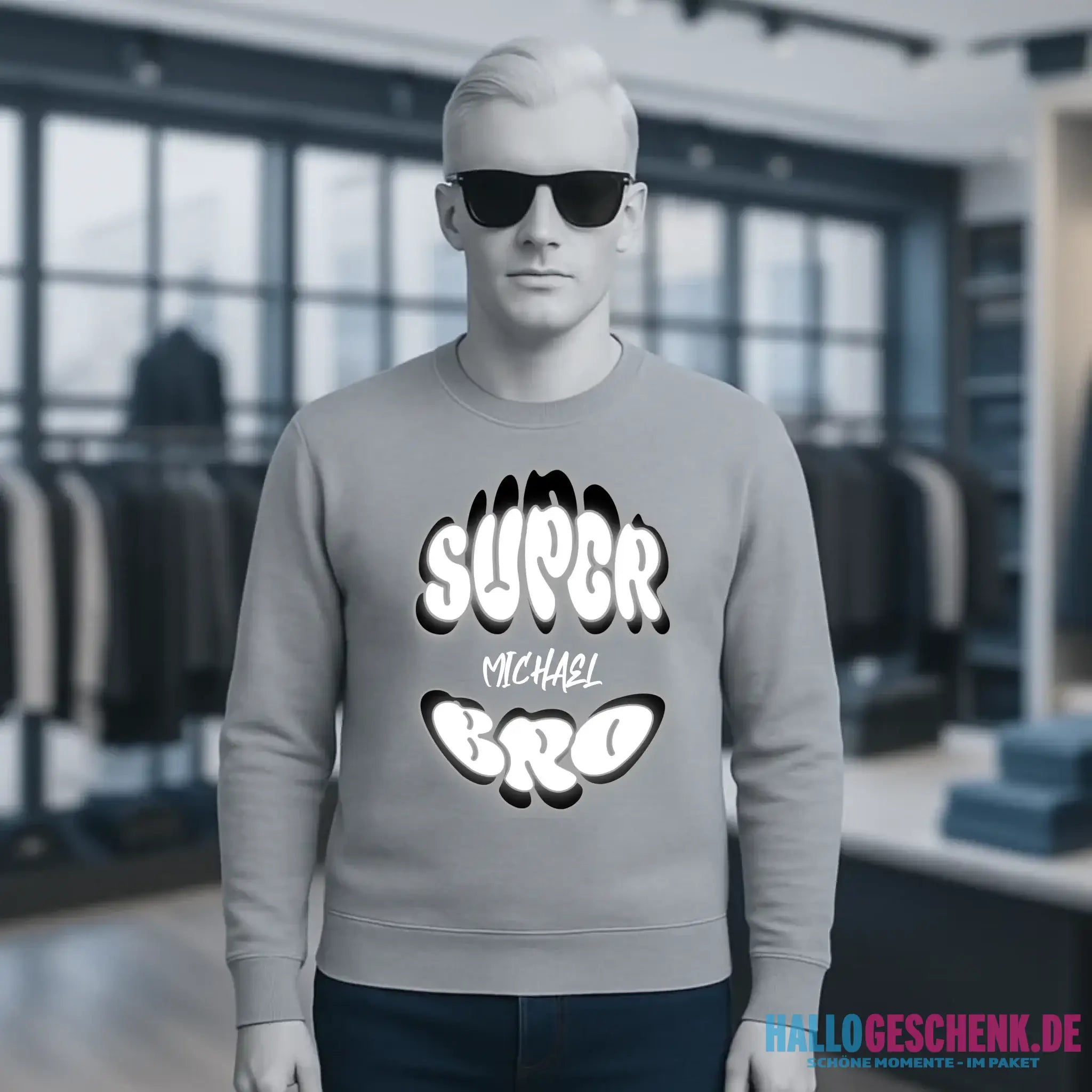 SUPER BRO + Name • personalisierter Text • Unisex Sweatshirt Bio-Baumwolle in 4 Farben XS-3XL • personalisiert