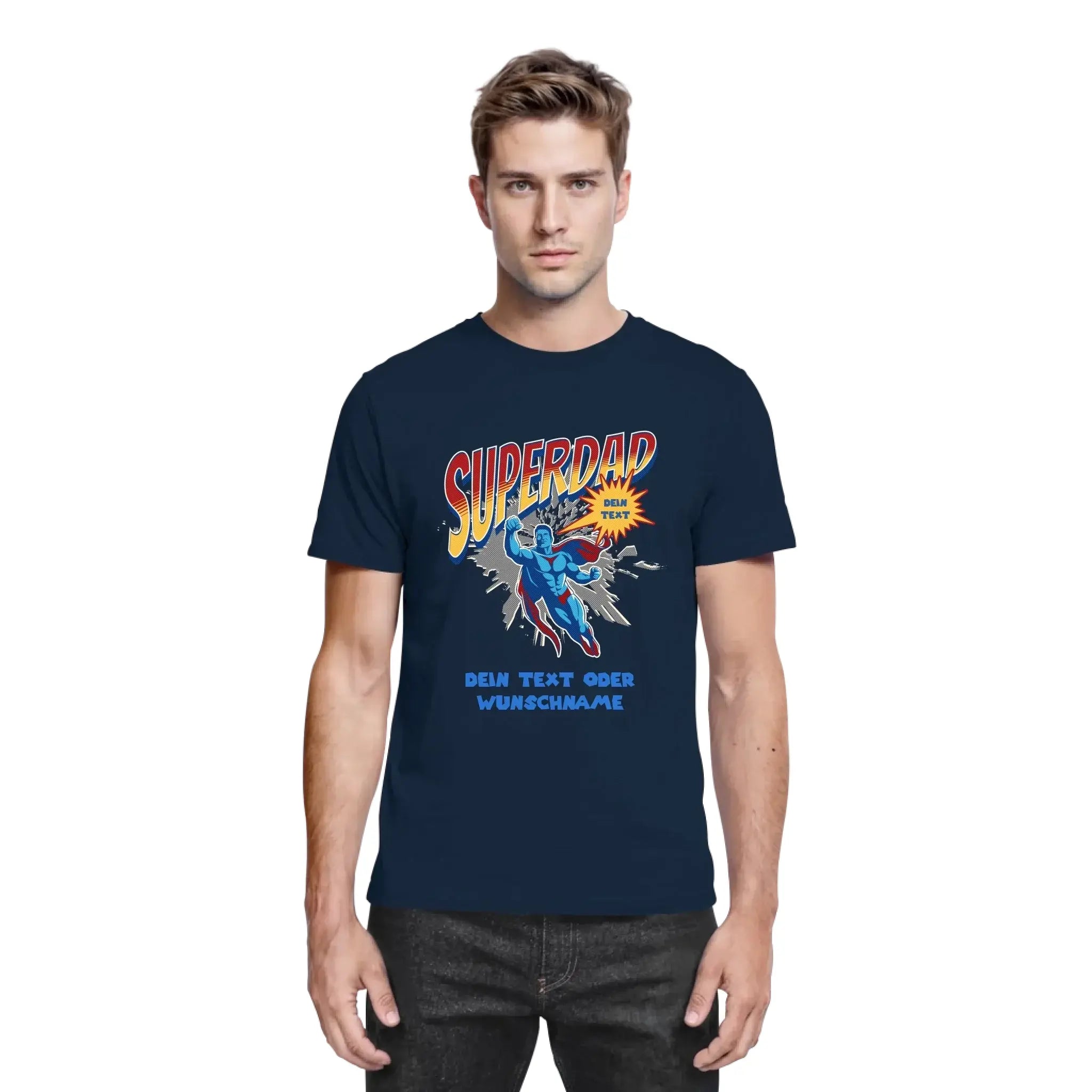 Marine blaues baumwoll t-shirt mit lebendigem superdad grafik und platzhalter text aus der statement collection für vatertag