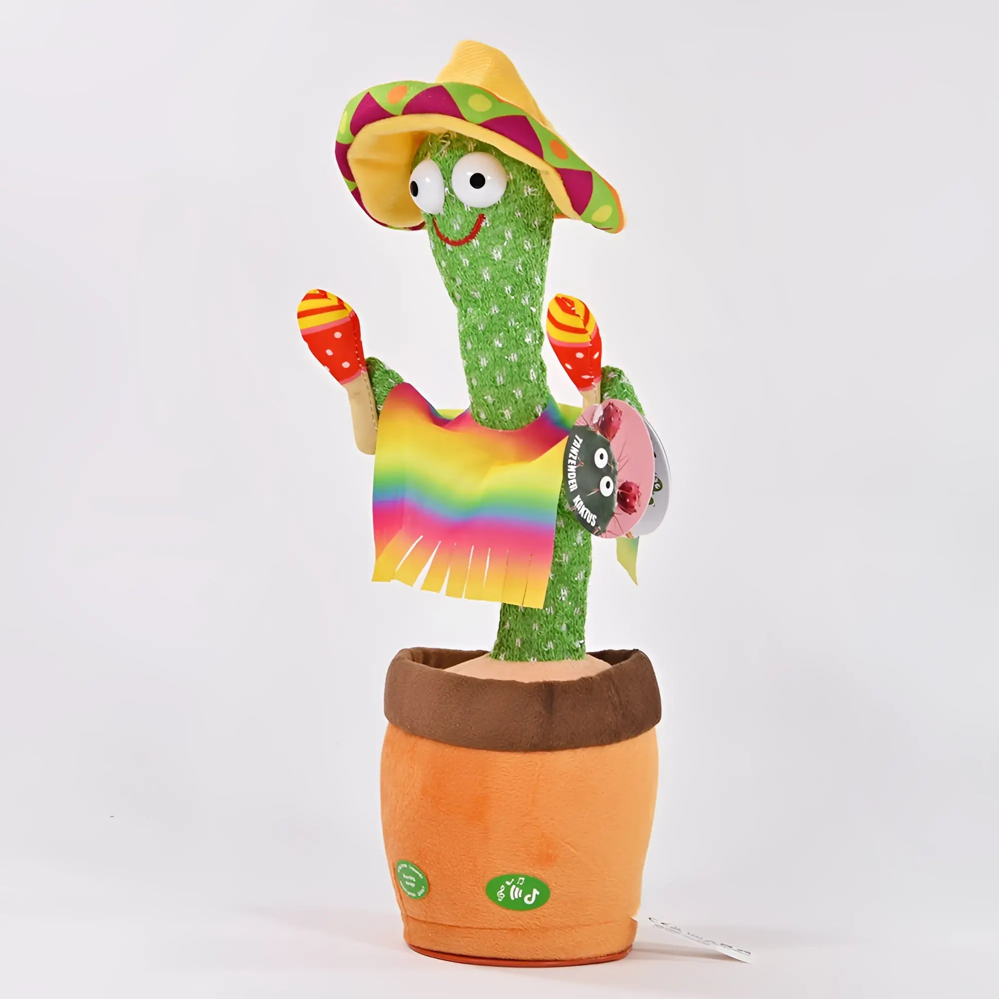 Tanzender grüner kaktus mit sound sprachaufzeichnung laberfunktion im gelben sombrero mit ratteln sitzt im orangen topf