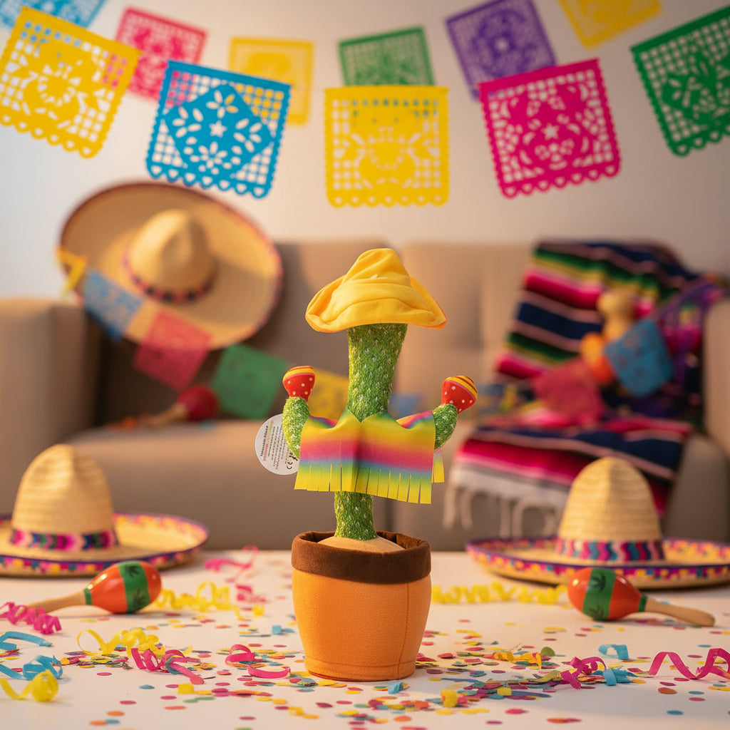 Ein tanzender kaktus mit sound sprachaufzeichnung und laberfunktion mit gelbem sombrero und regenbogen schal