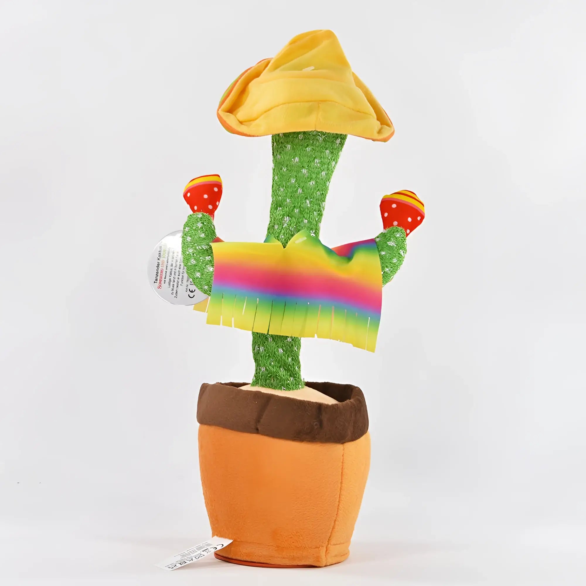 Ein tanzender kaktus mit sound sprachaufzeichnung und laberfunktion mit gelbem sombrero und regenbogen schal