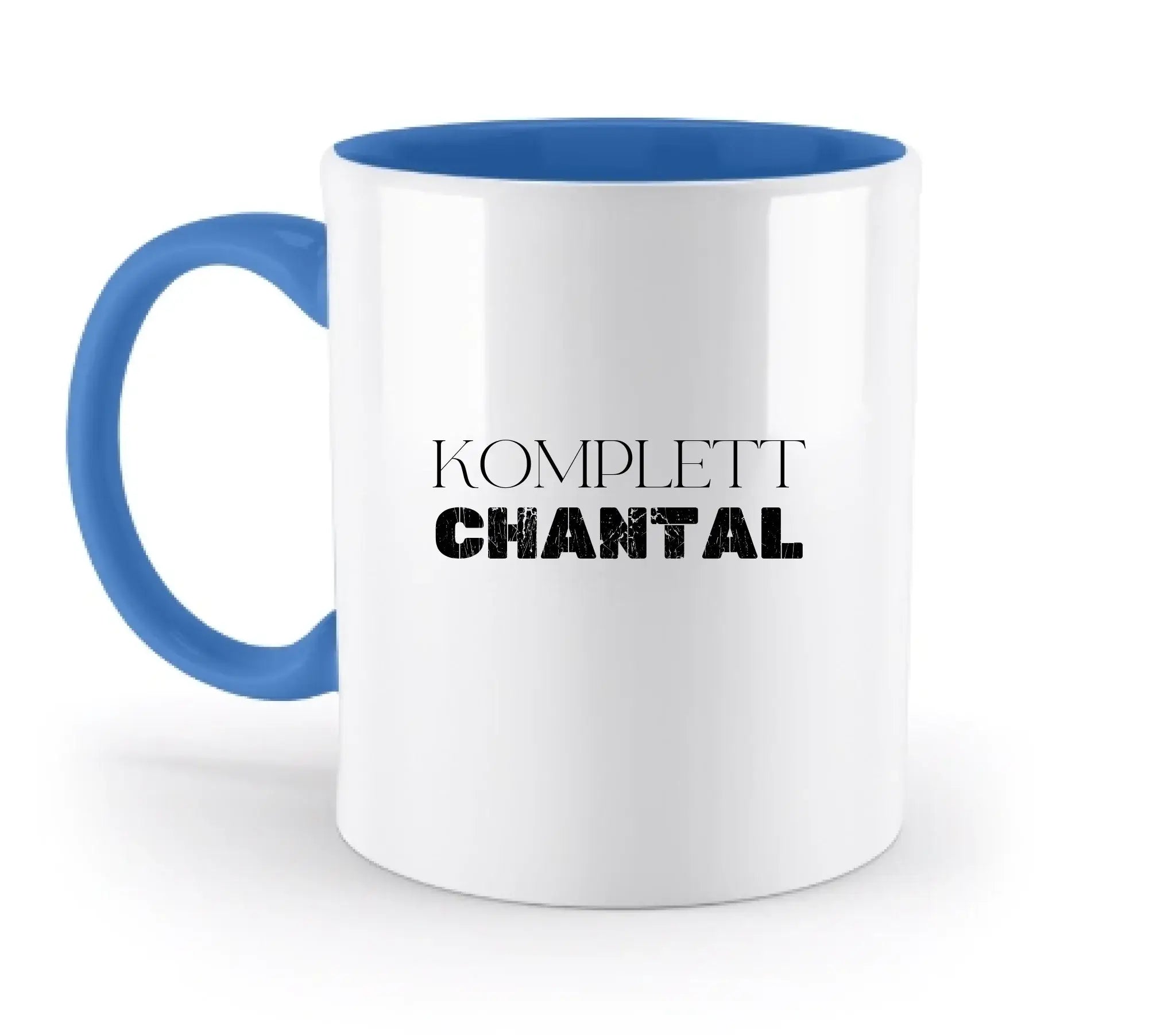 Weiße keramik tasse mit blauem griff und innenrand personalisierbar spülmaschinenfest mit text komplett chantal
