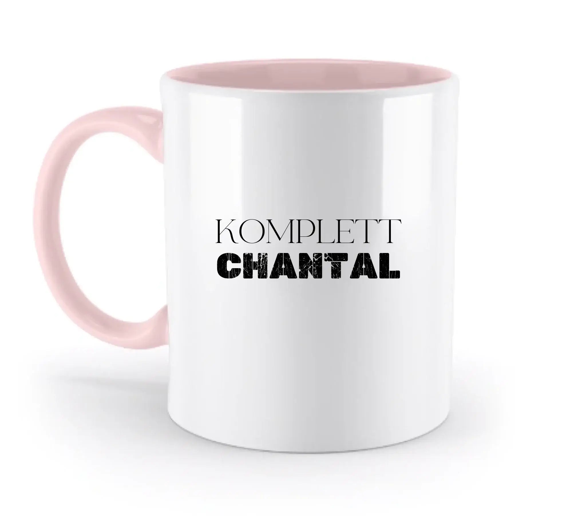 Weiße keramik tasse mit pinkem griff und innenbereich mit personalisierbarem namensmotiv komplett chantal