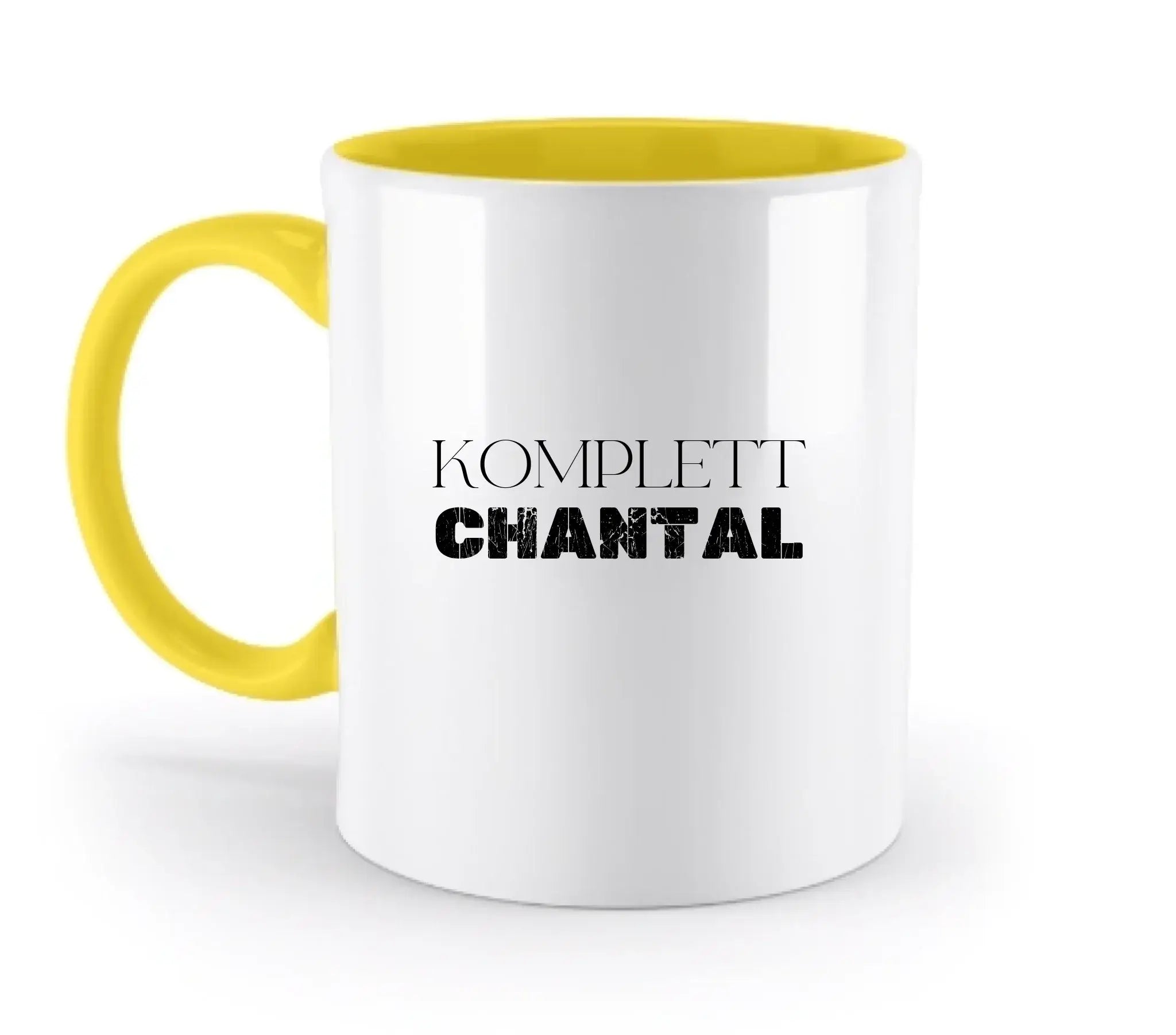 Weiße keramiktasse mit gelbem griff und innenbereich mit komplett chantal text spülmaschinenfest personalisierbar