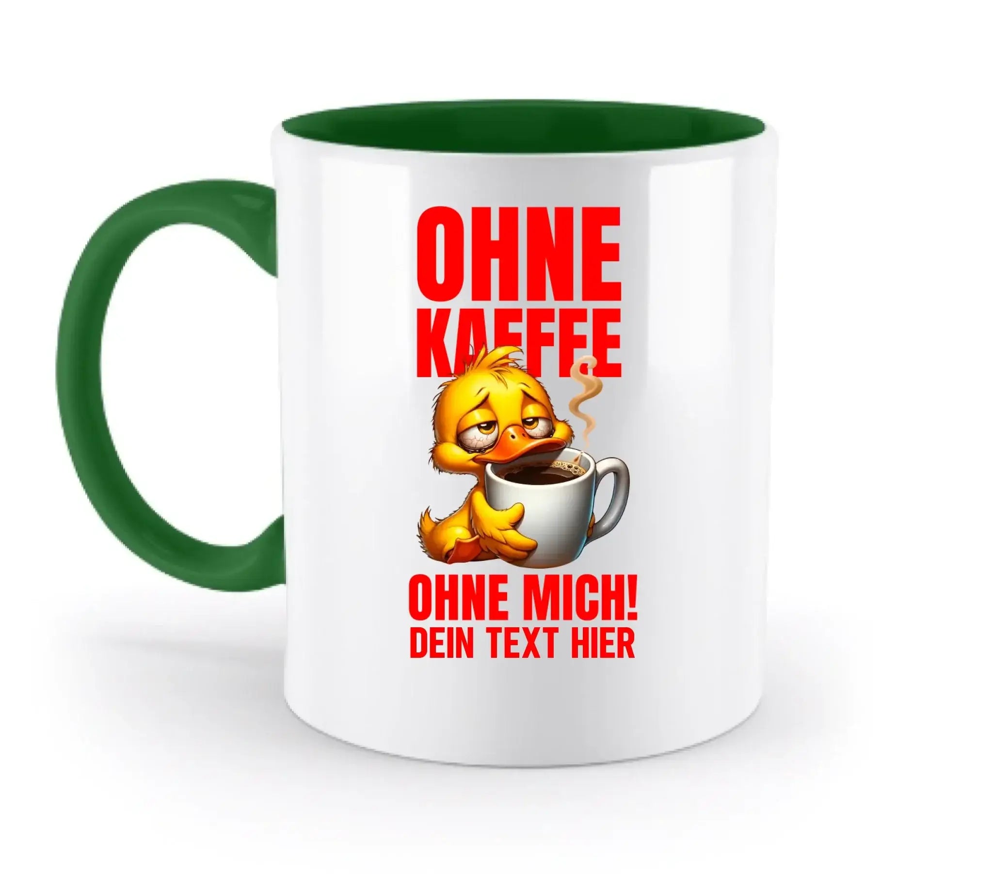 Weiße keramiktasse mit grünem inneren und griff, lustiges entenmotiv und rotem deutschen text, spülmaschinenfest und personalisierbar