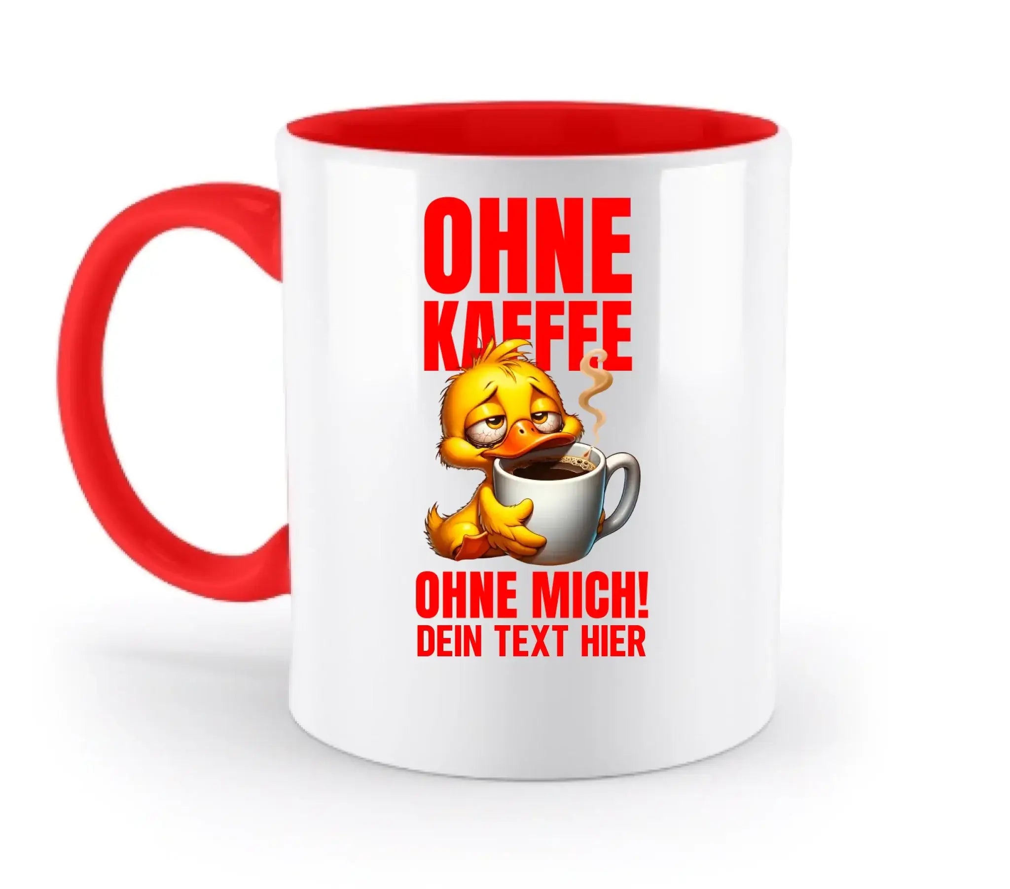 Weiße keramiktasse mit rotem griff und innen, gelbe cartoonente mit kaffeetasse und rotem deutschen text, spülmaschinenfest