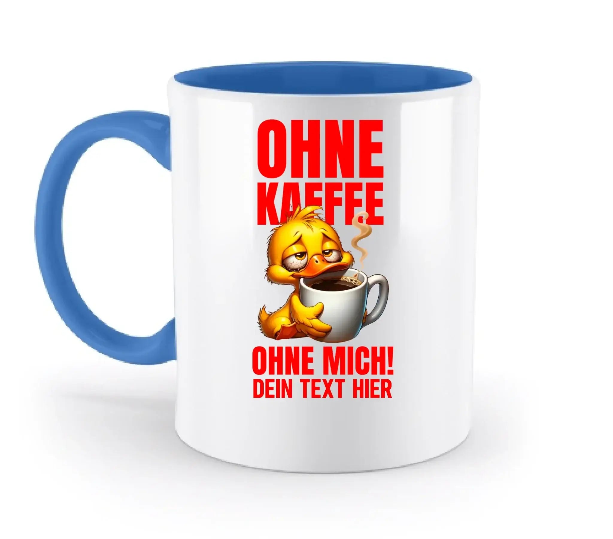 Weiße keramik tasse mit blauem griff und innenraum, cartoonente mit kaffeetasse und rotem deutschem text, spülmaschinenfest